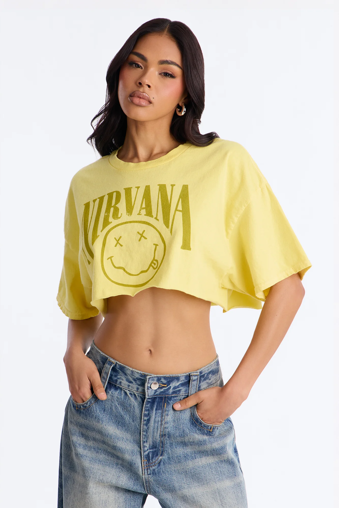 Nirvana Smiley Washed Cropped Tee - Yellow