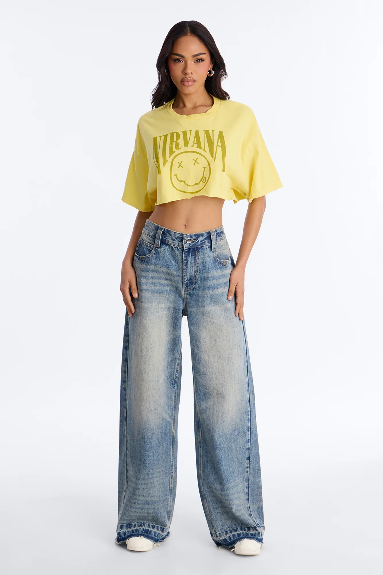 Nirvana Smiley Washed Cropped Tee - Yellow - Image 2