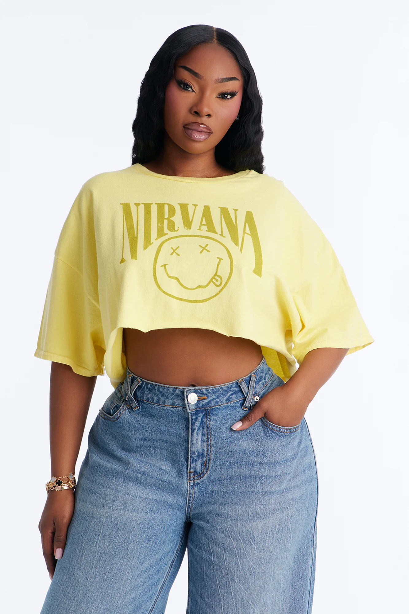Nirvana Smiley Washed Cropped Tee - Yellow - Image 5