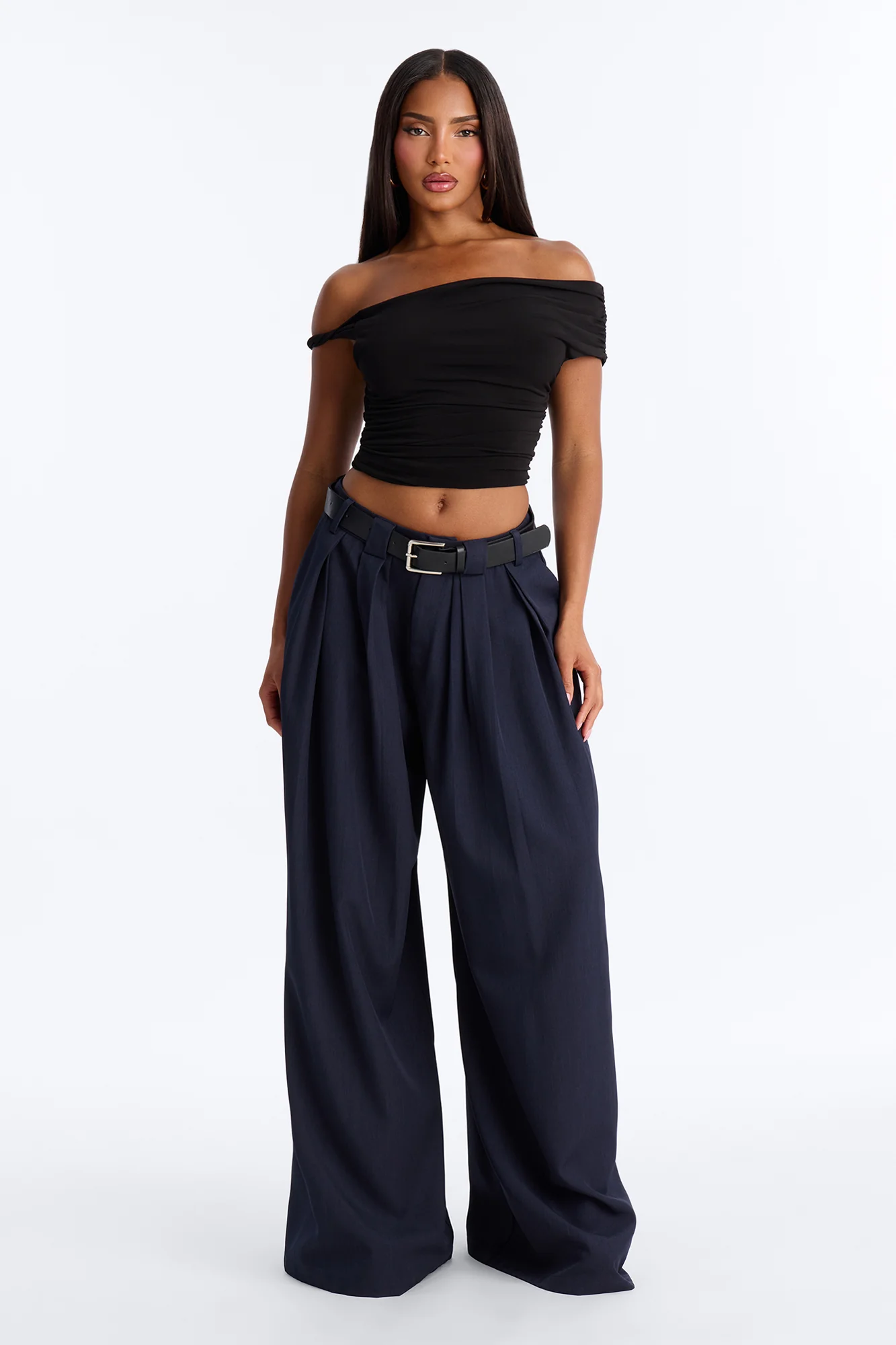 No Brainer Belted Wide Leg Pleated Pant - Navy