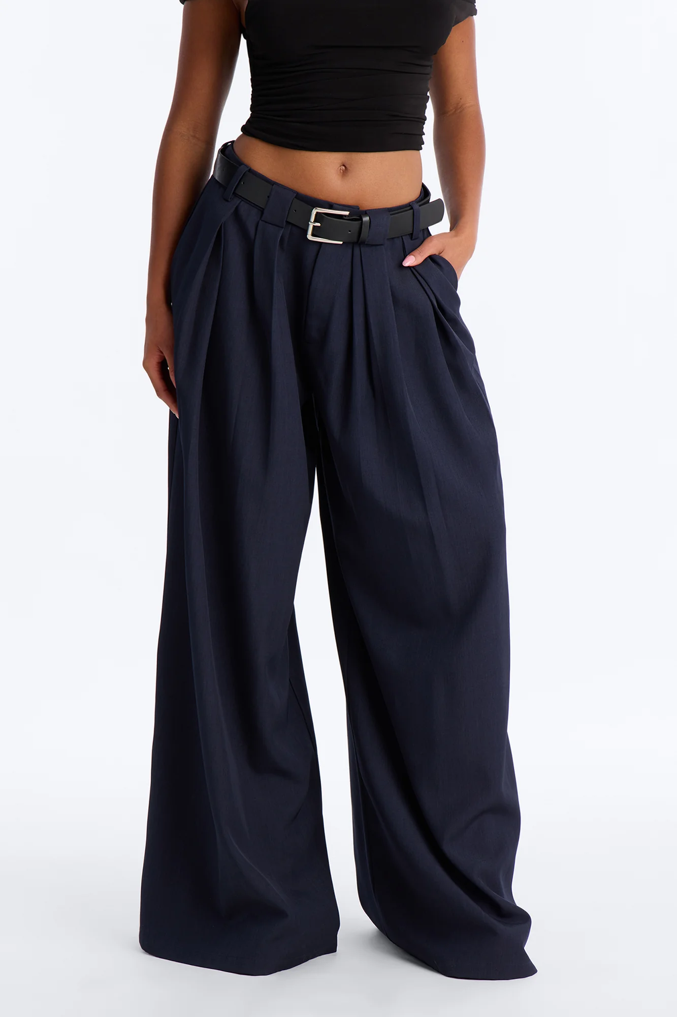 No Brainer Belted Wide Leg Pleated Pant - Navy - Image 2
