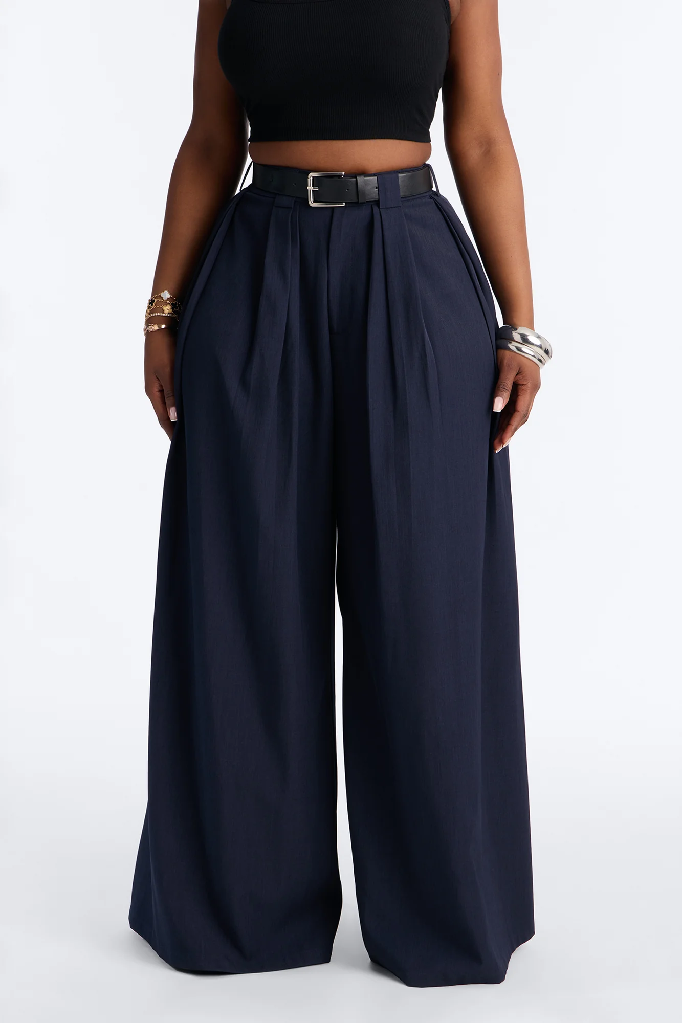 No Brainer Belted Wide Leg Pleated Pant - Navy - Image 6
