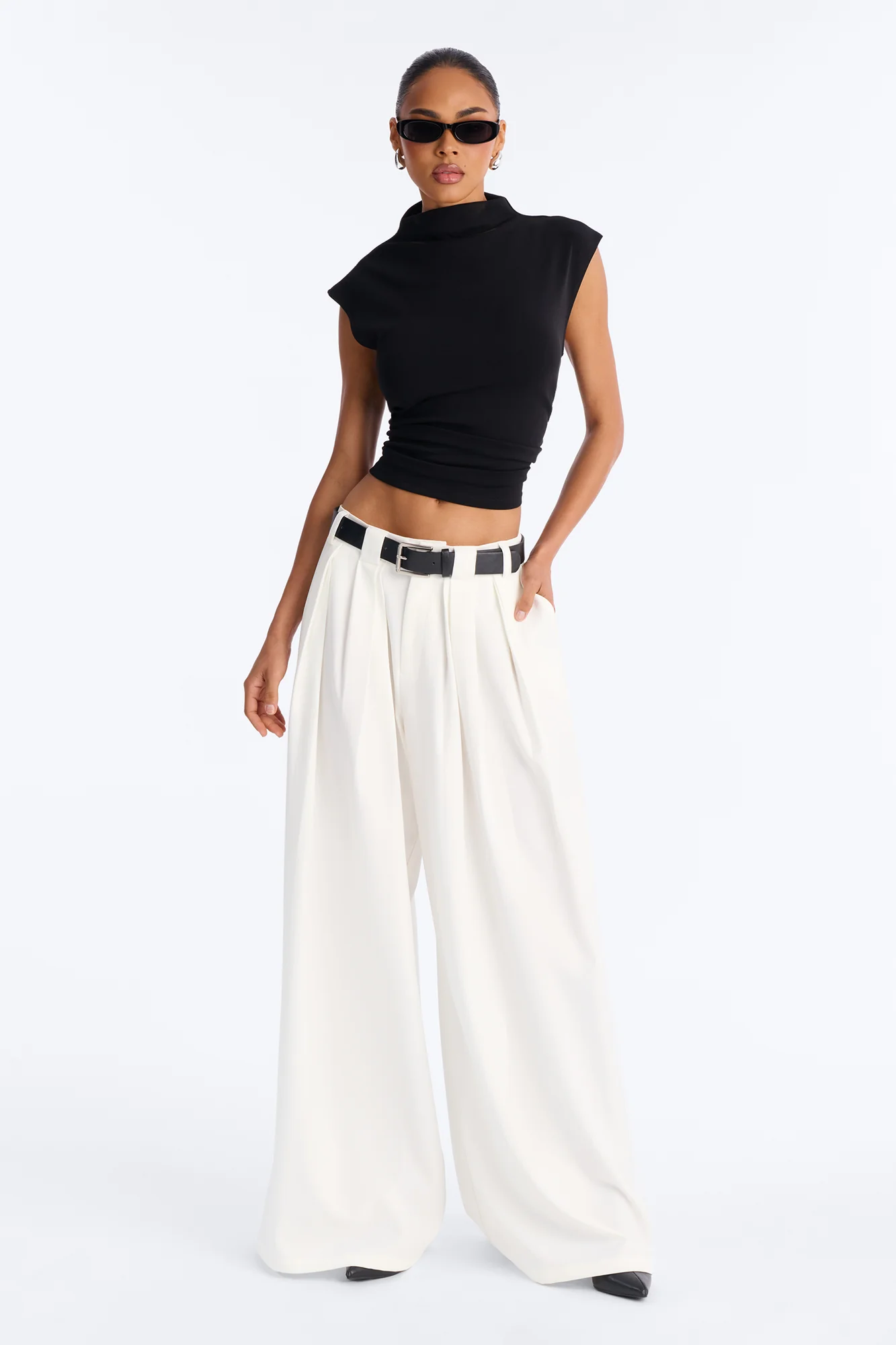 No Brainer Belted Wide Leg Pleated Pant - White
