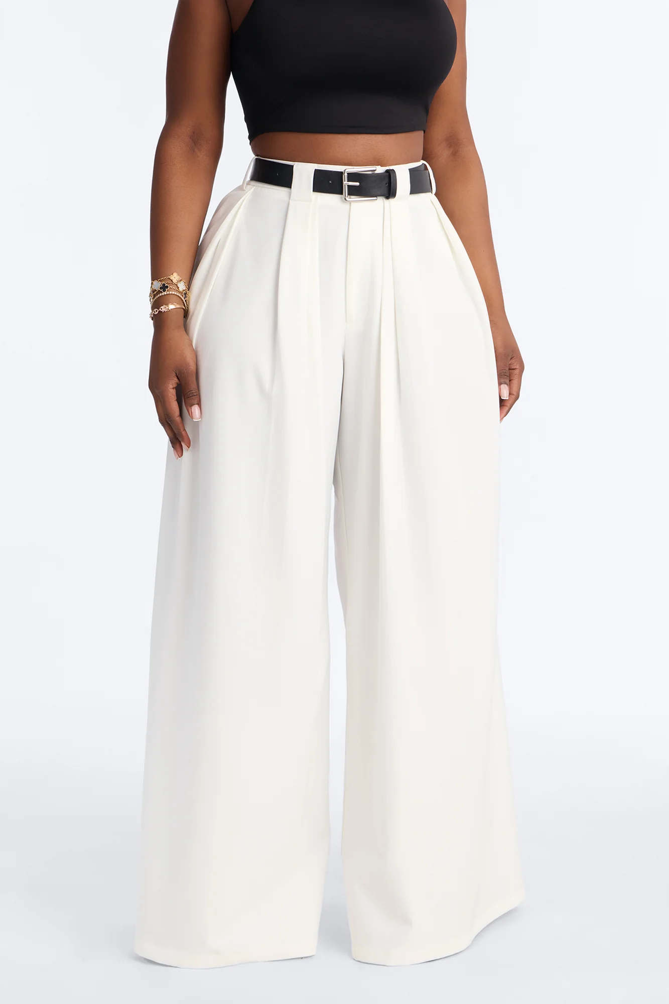 No Brainer Belted Wide Leg Pleated Pant - White - Image 6