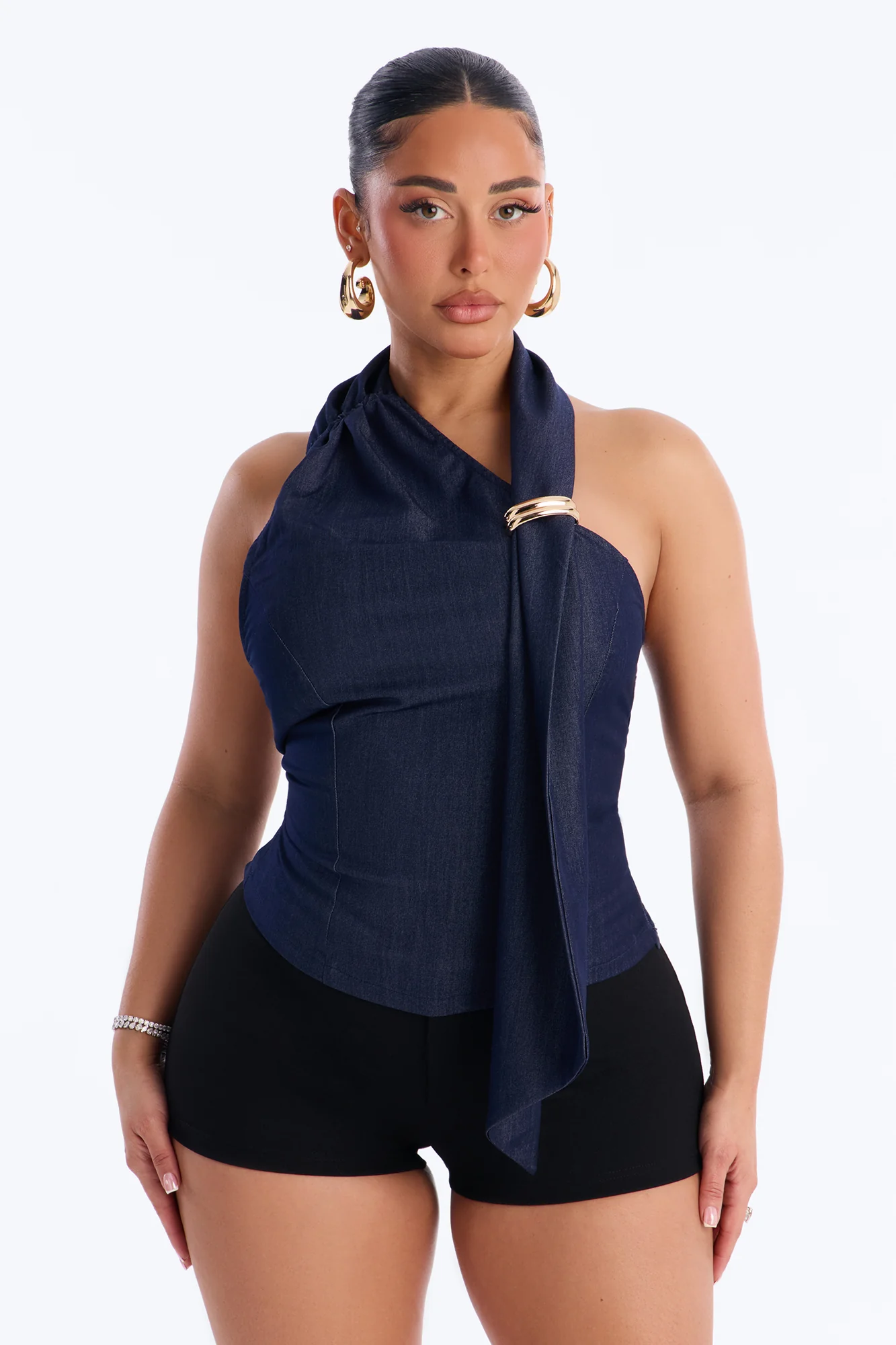 No Off Days Hardware Scarf Denim Halter Top - Dark Wash