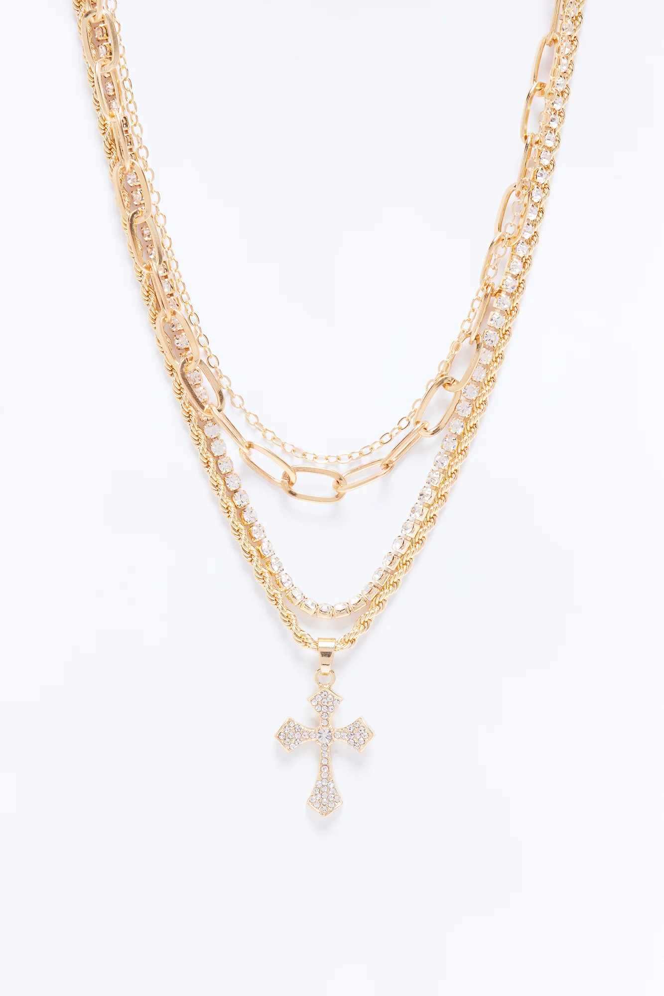No Saint Rhinestone Layered Necklace - Gold - Image 3