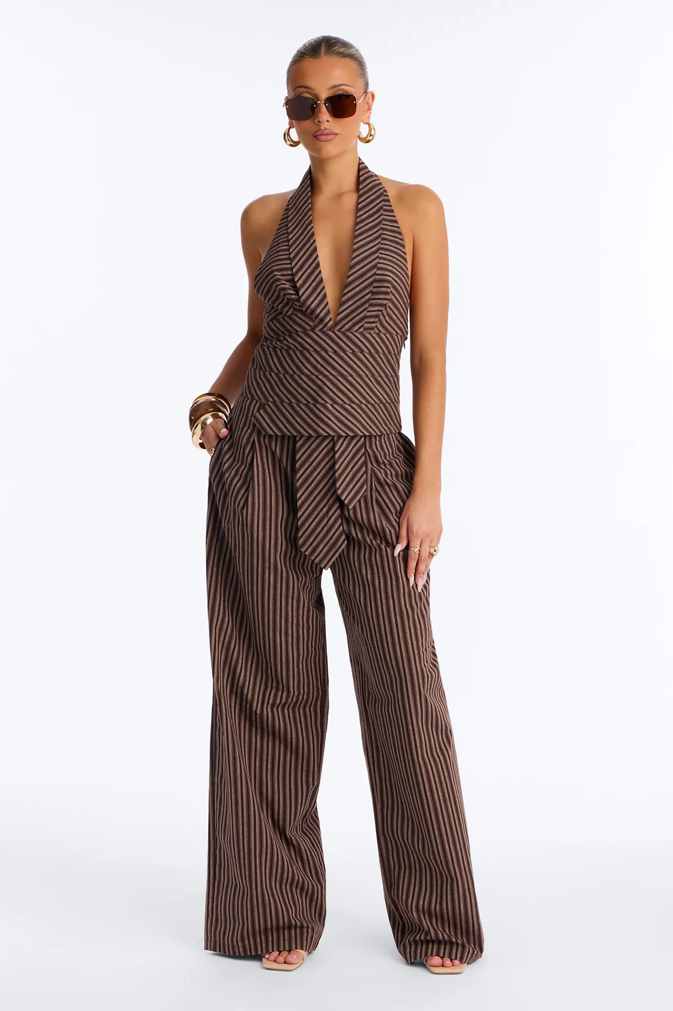No Ties Linen Halter Pant Set - Brown