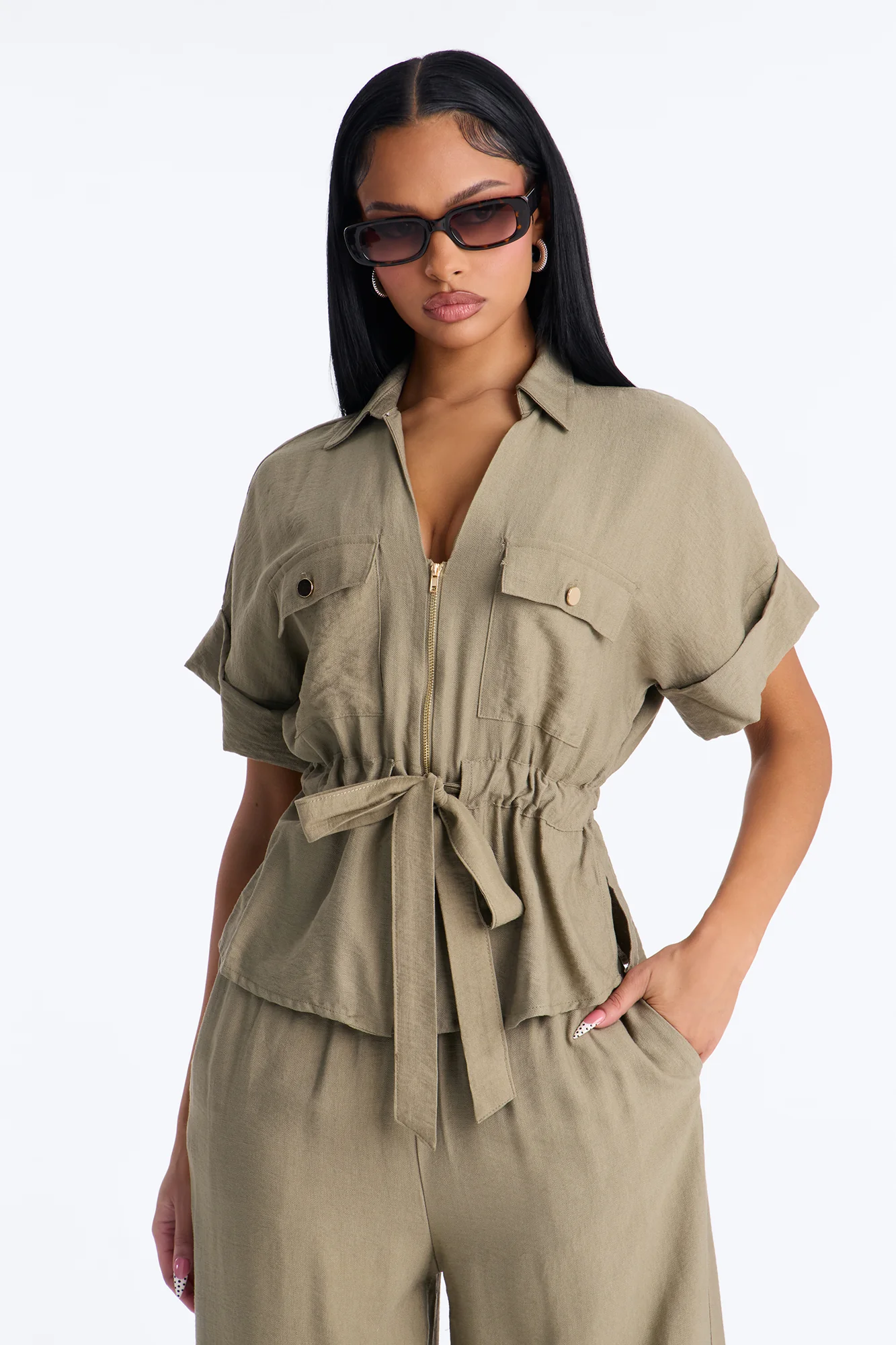 Noel Tie Waist Pant Set - Olive - Image 2