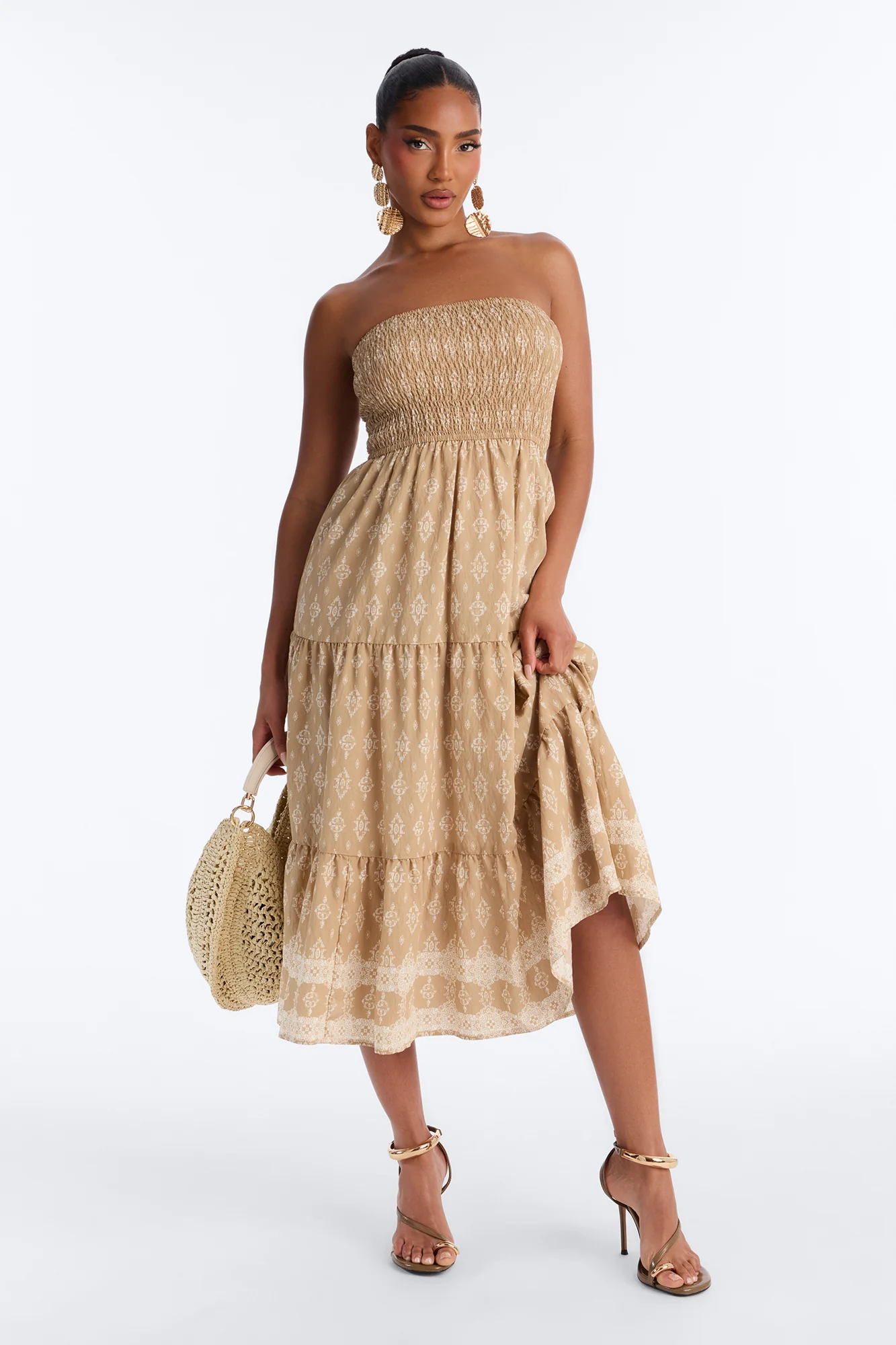 Noelle Strapless Print Midi Dress - Mocha/combo