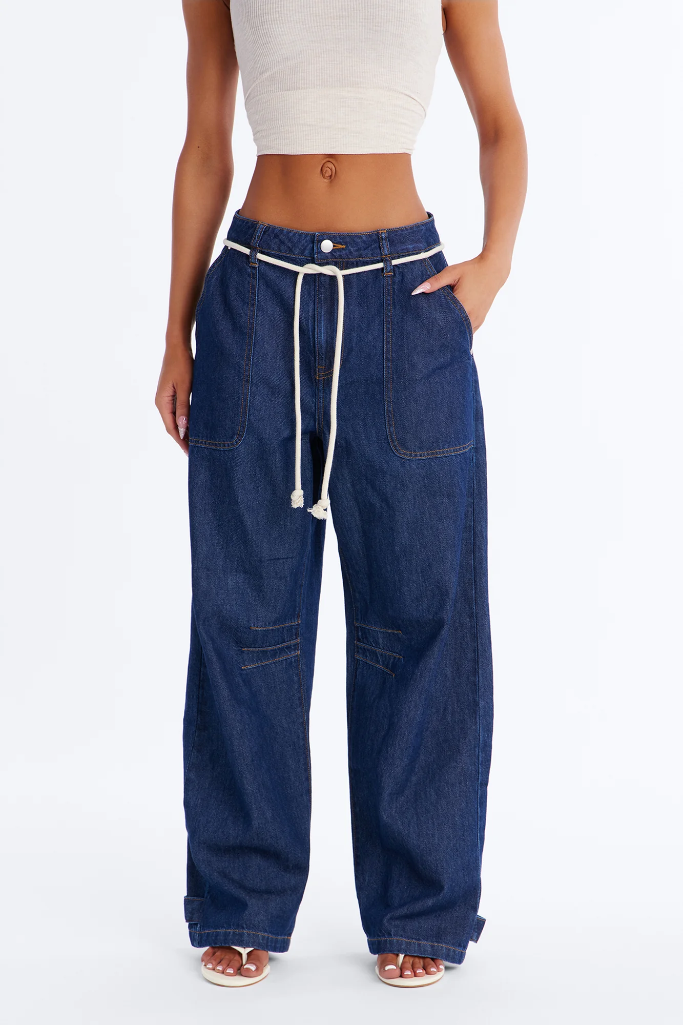 Nonchalant Drapey Tie Waist Jeans - Dark Denim - Image 2