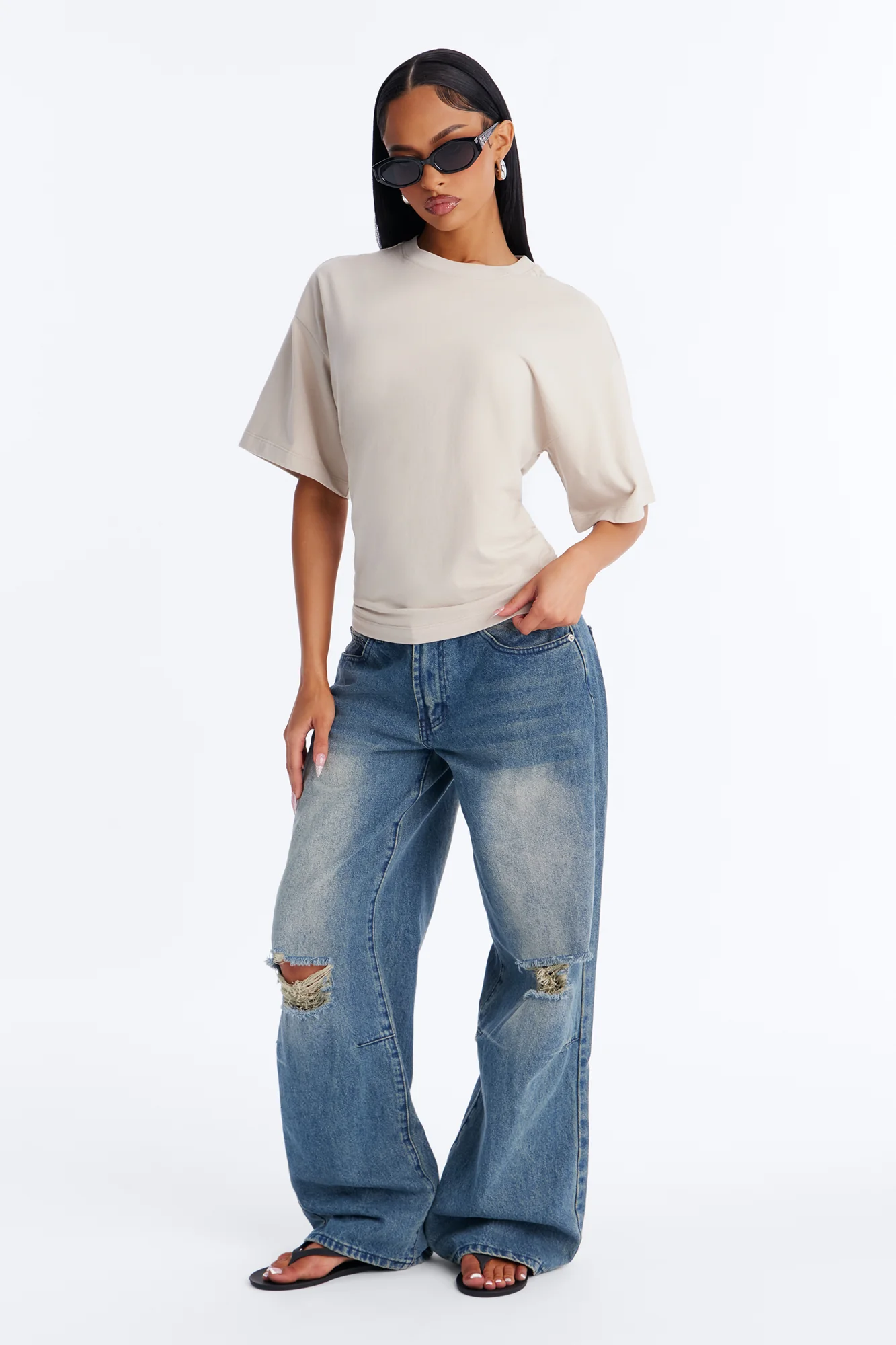 Nora Crew Neck Ruched Short Sleeve T-Shirt - Stone - Image 2