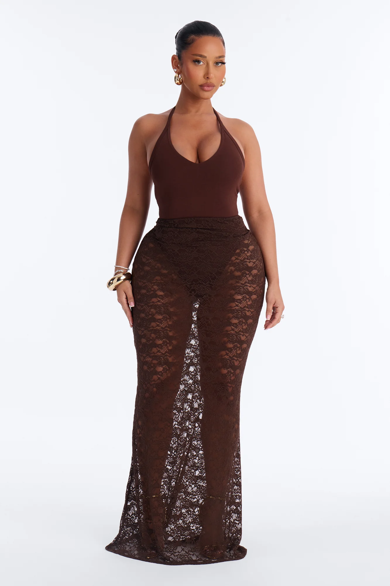 Nora Double Lined Halter Bodysuit - Brown - Image 2