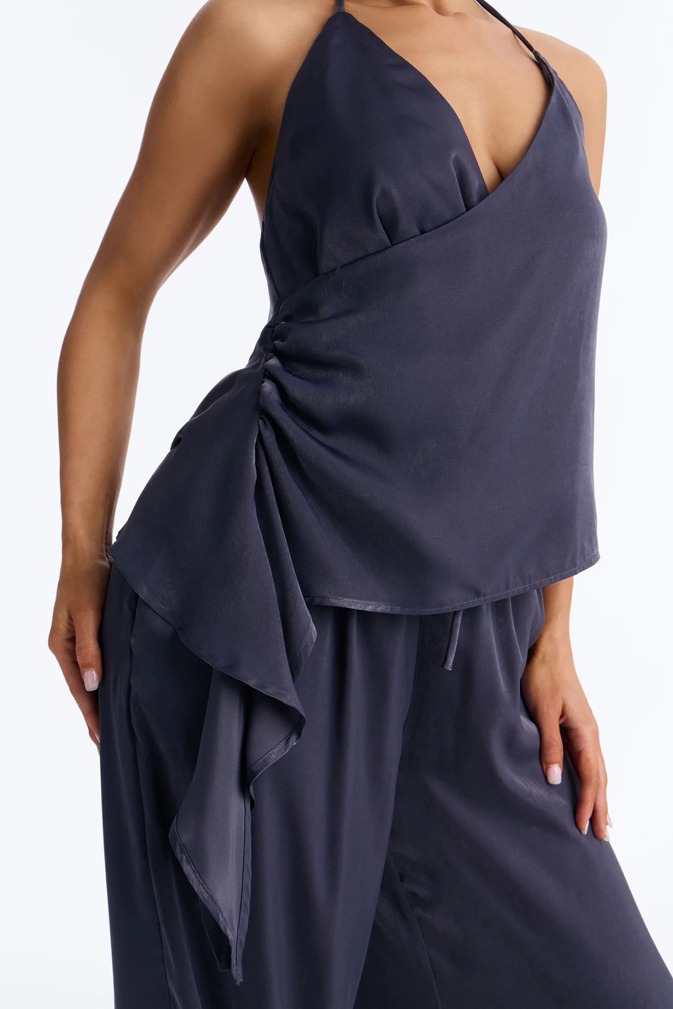 Normani Satin Halter Pant Set - Navy - Image 3