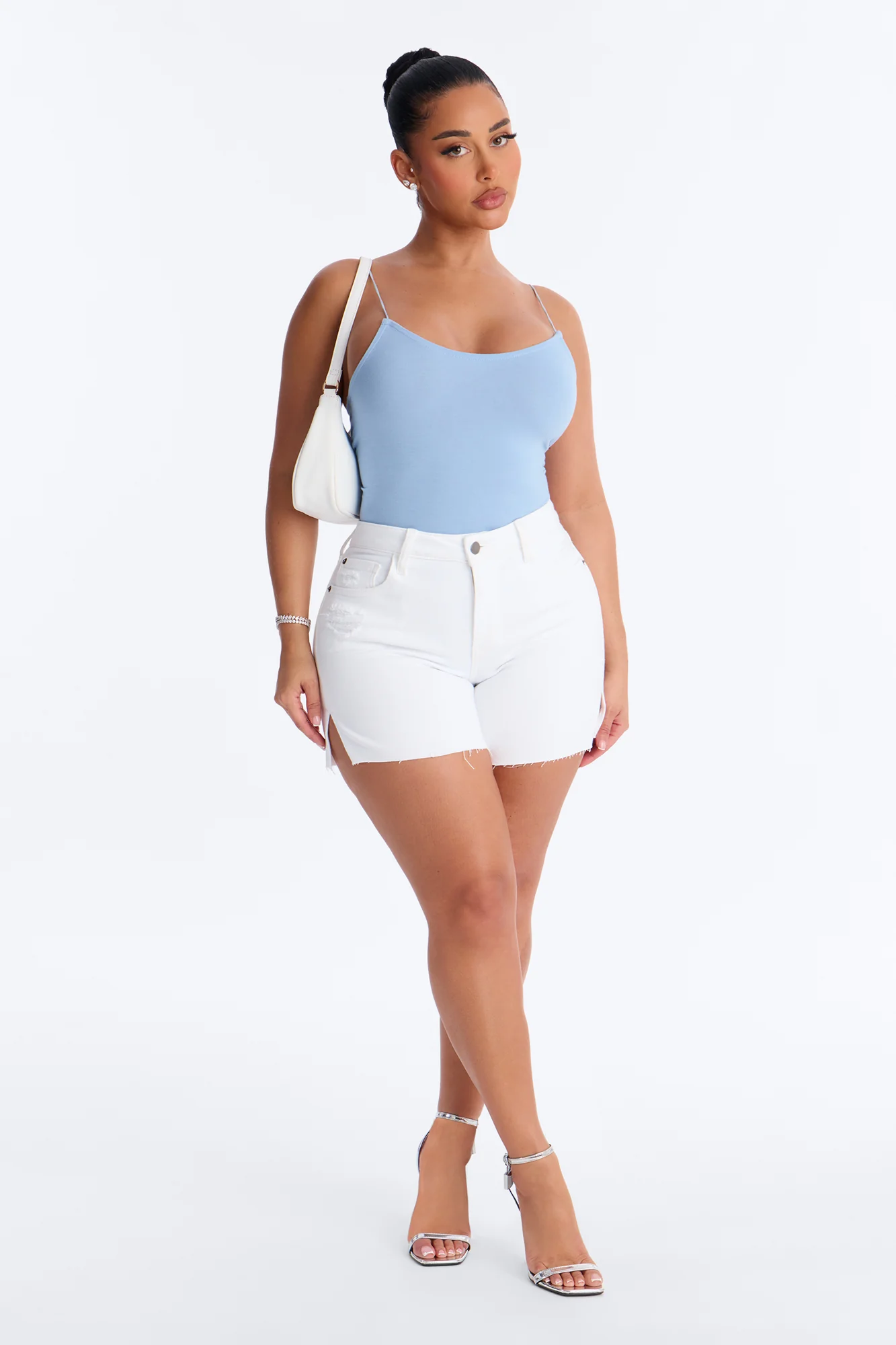 Not The Same Side Slit Stretch Denim Shorts - White