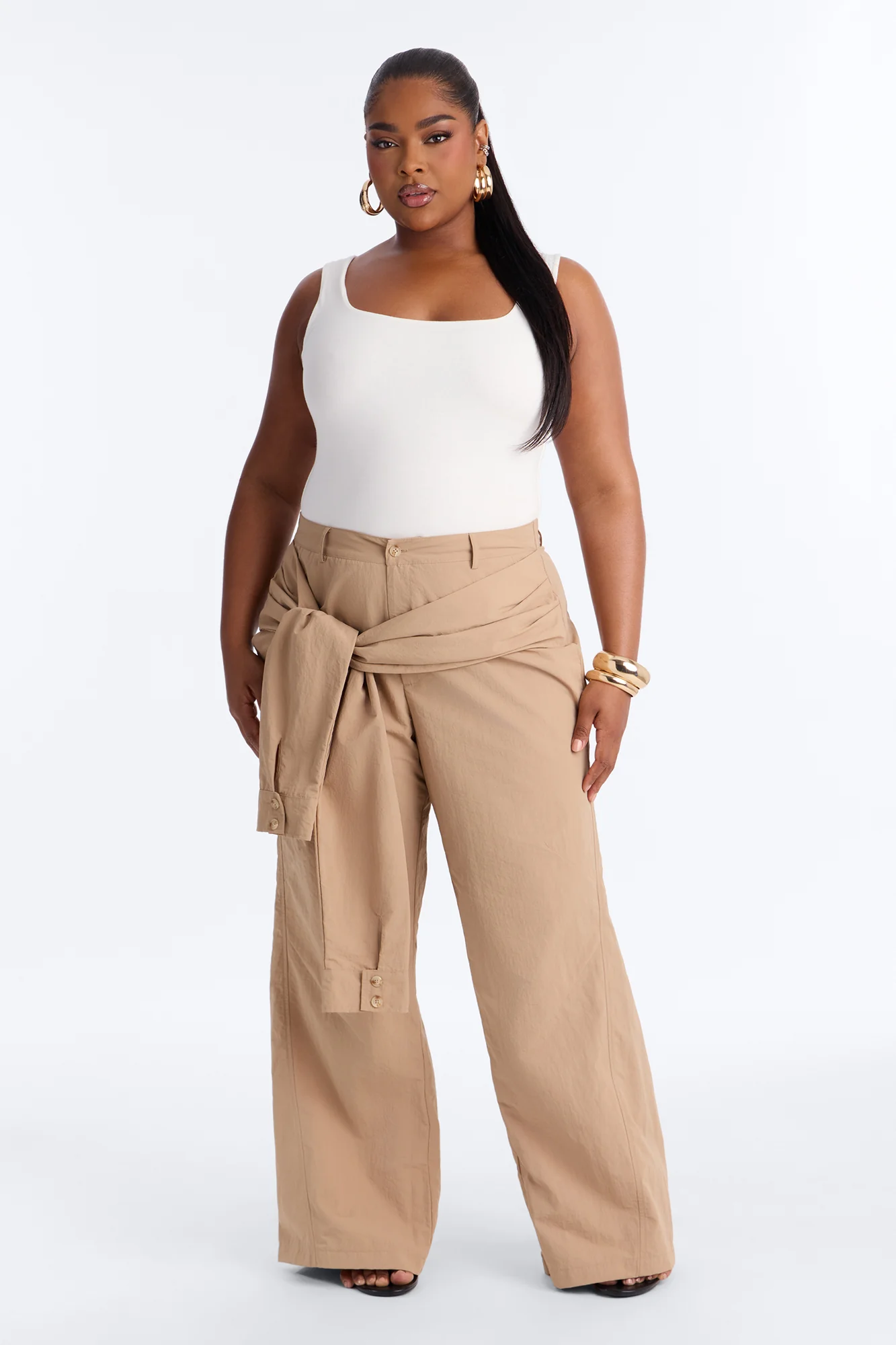 Not Your Man's Button Up Wrap Waist Wide Leg Trouser - Khaki - Image 5