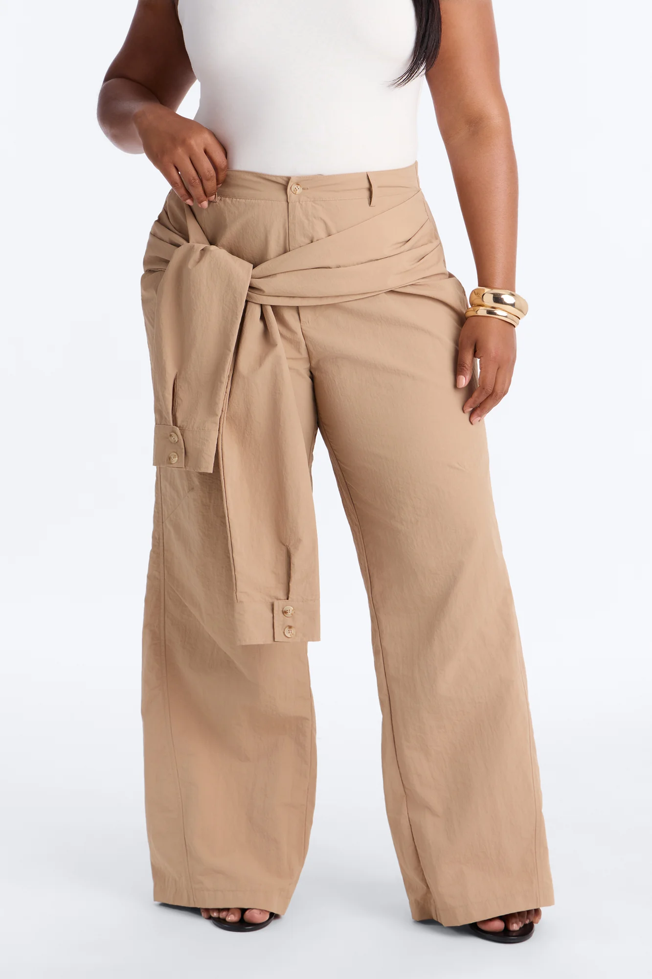 Not Your Man's Button Up Wrap Waist Wide Leg Trouser - Khaki - Image 6