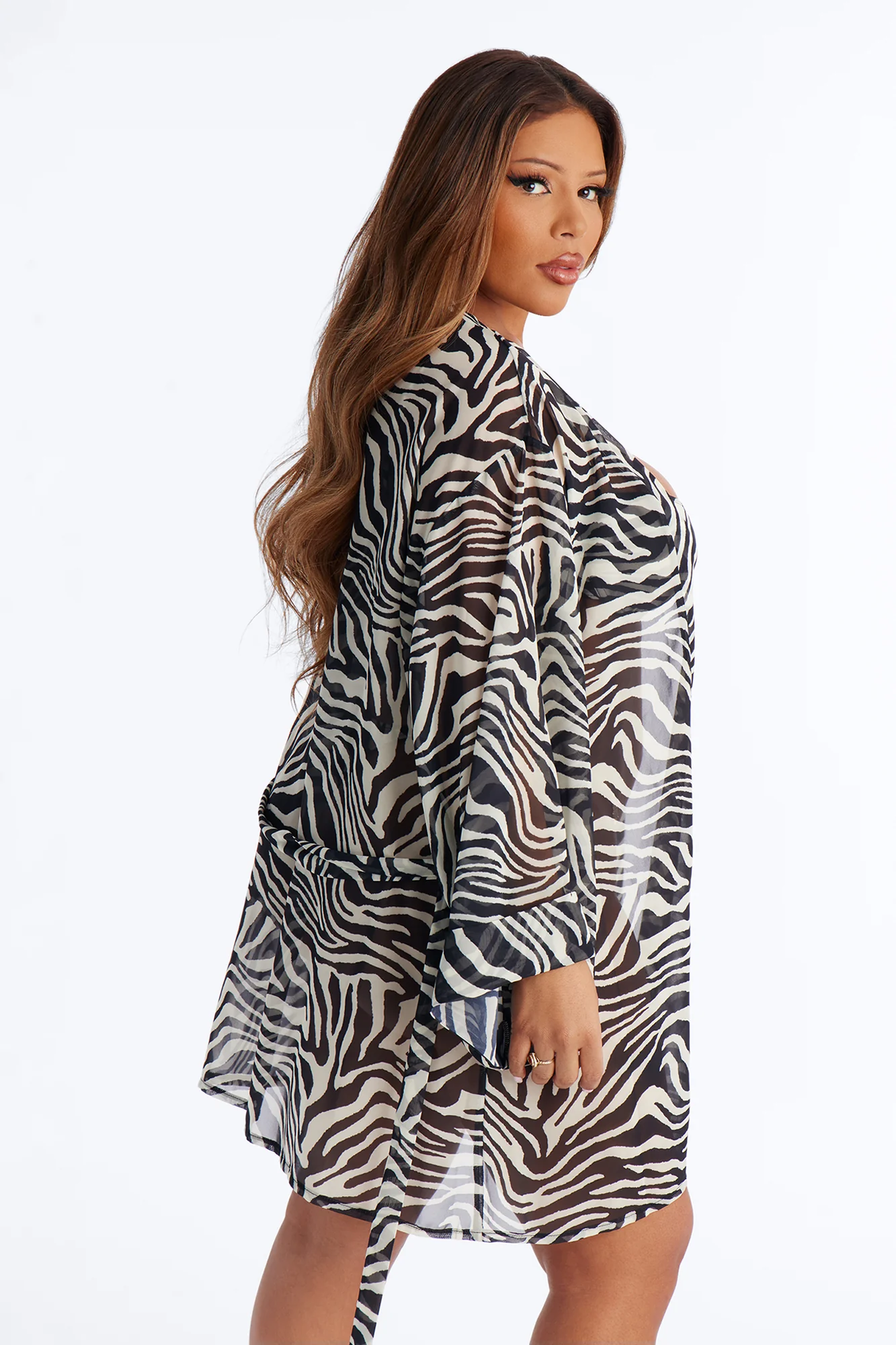 Nothing But A Stripe Waist Tie Swim Cover Up Kimono - Black/White - Image 8