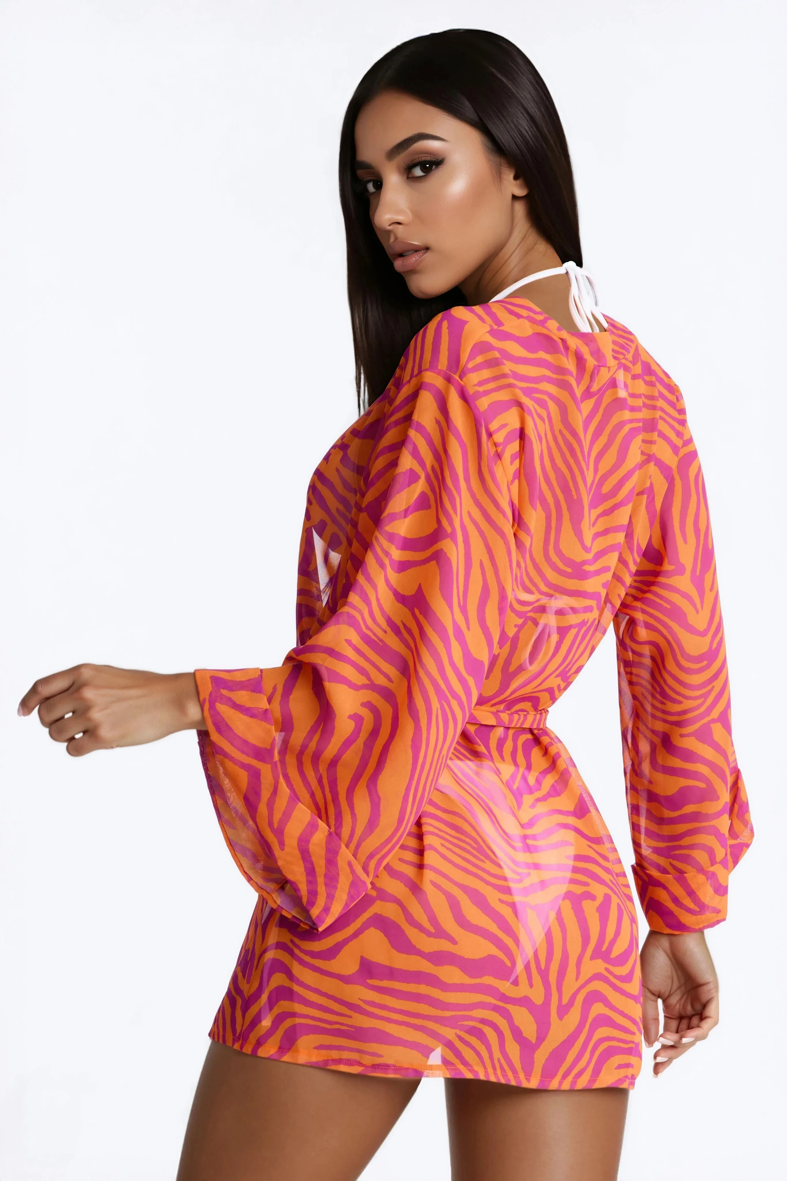 Nothing But A Stripe Waist Tie Swim Cover Up Kimono - Pink/combo - Image 2