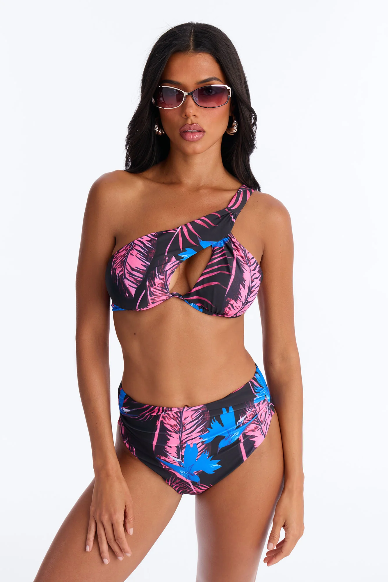 Nothing Like The Tropical Floral Underwire One Shoulder High Waist Maxi 3 Piece Bikini Kimono Set - Purple/combo - Image 2