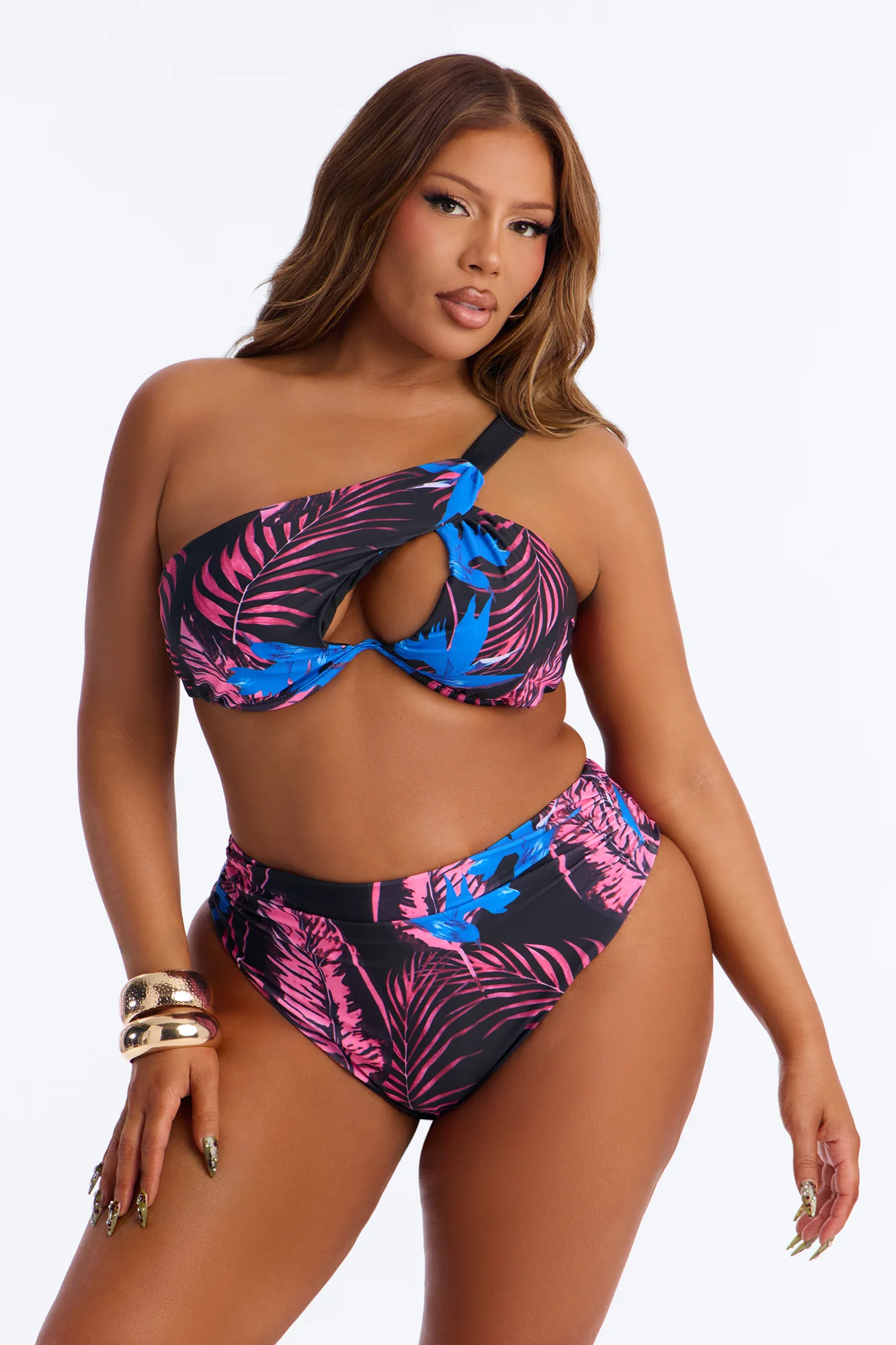 Nothing Like The Tropical Floral Underwire One Shoulder High Waist Maxi 3 Piece Bikini Kimono Set - Purple/combo - Image 6