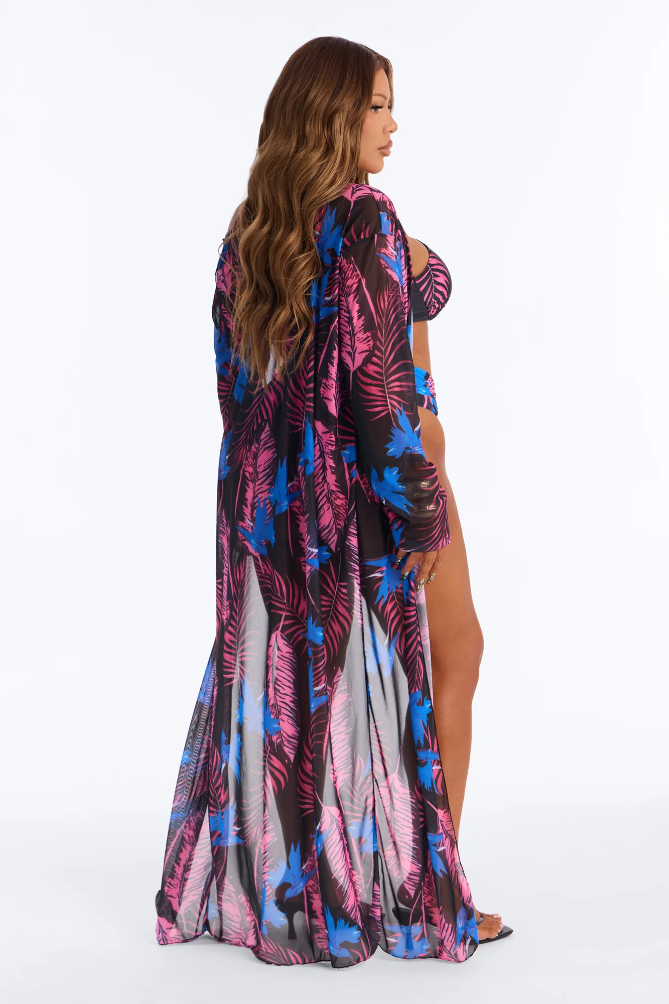 Nothing Like The Tropical Floral Underwire One Shoulder High Waist Maxi 3 Piece Bikini Kimono Set - Purple/combo - Image 8