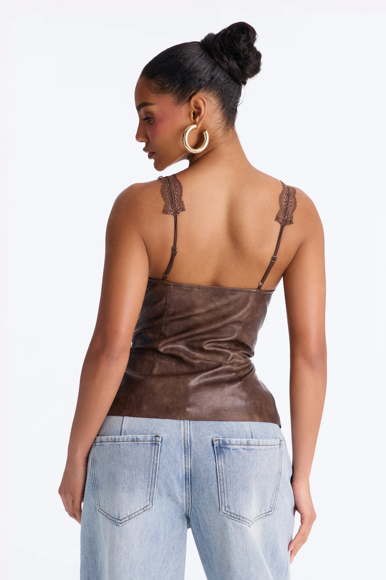Nowhere To Go Lace Up Faux Leather Top - Brown - Image 4