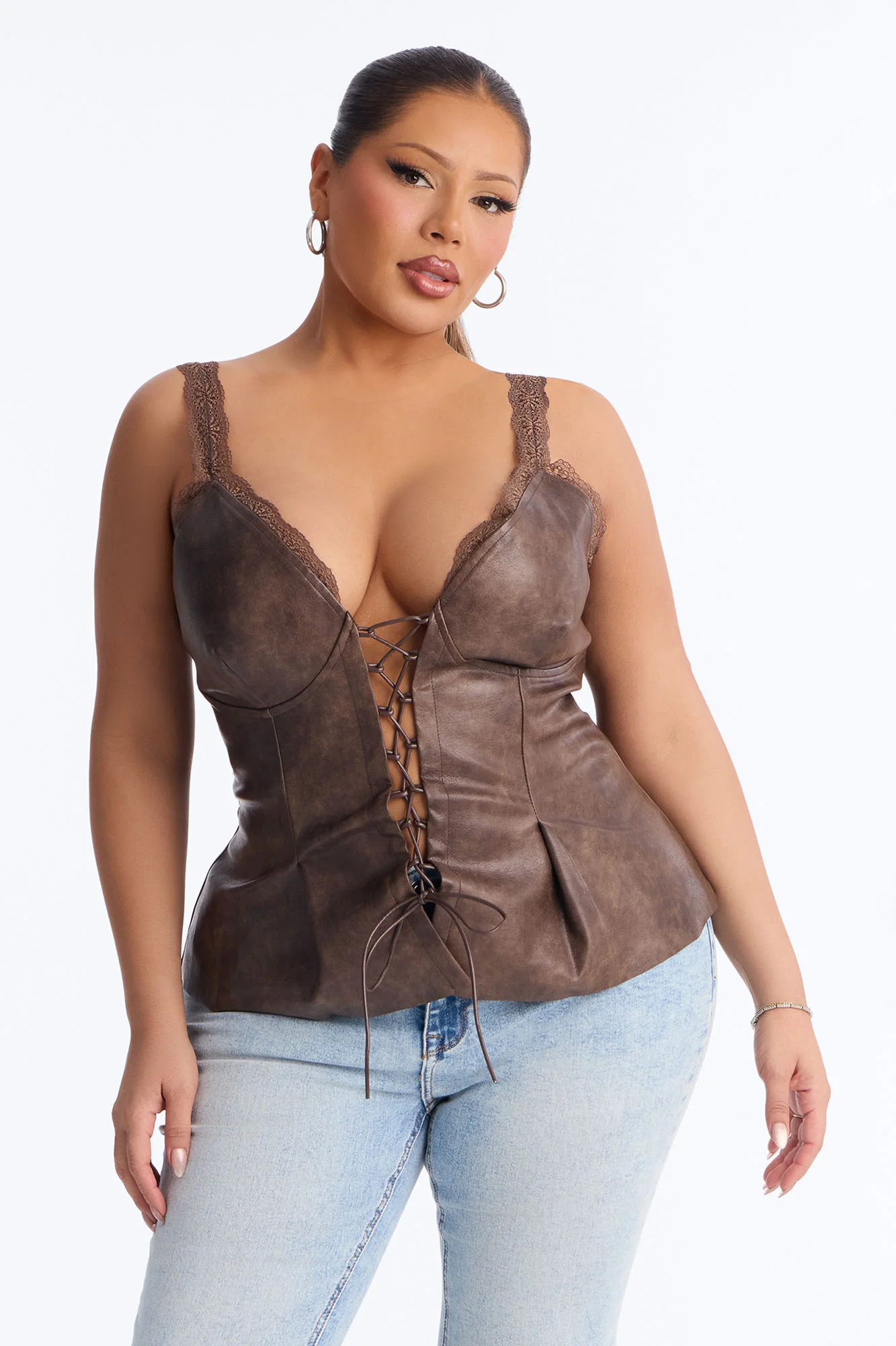 Nowhere To Go Lace Up Faux Leather Top - Brown - Image 5