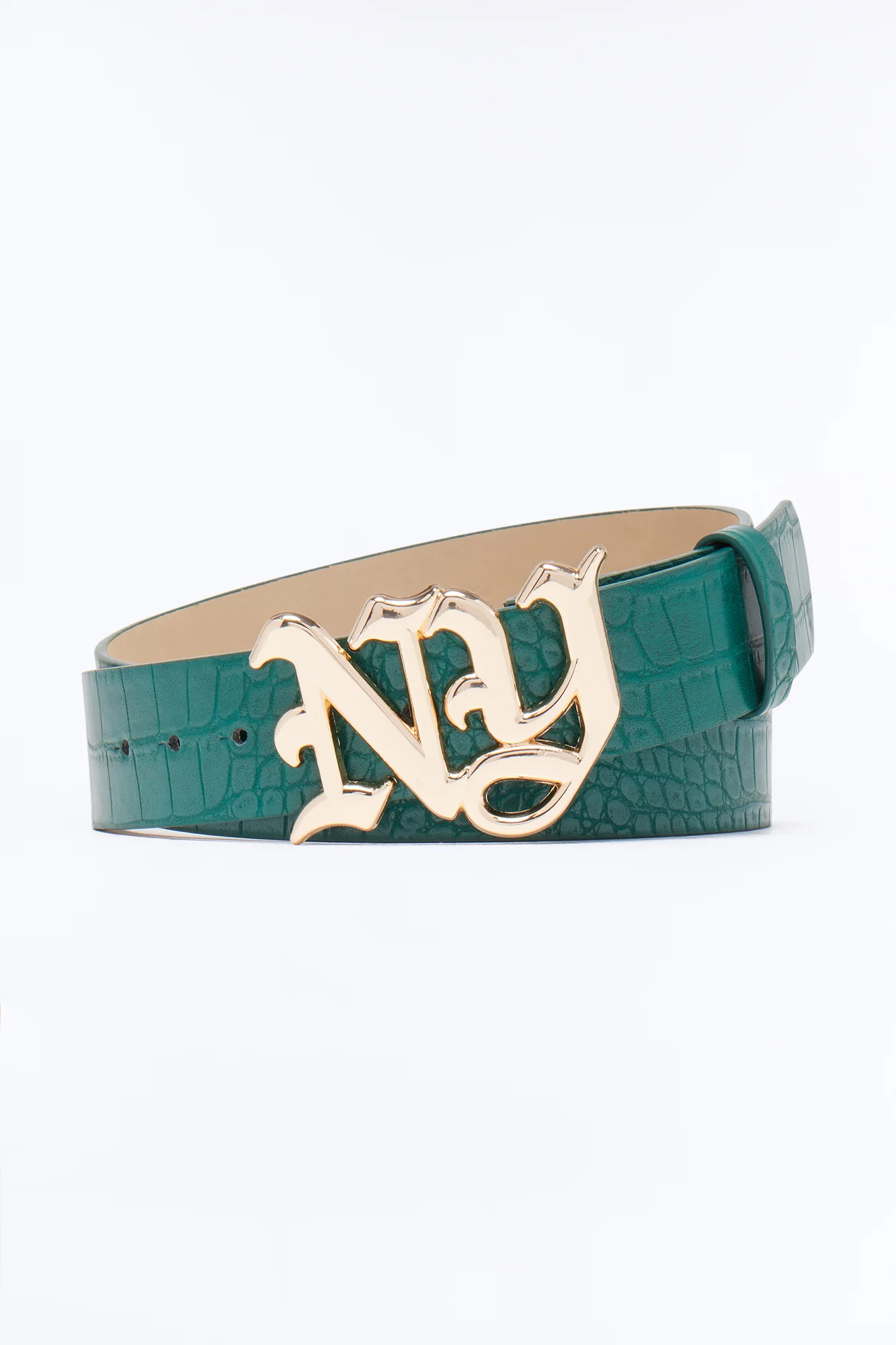 NY Initial Buckle Crocodile Embossed Faux Leather Belt - Green/combo - Image 3