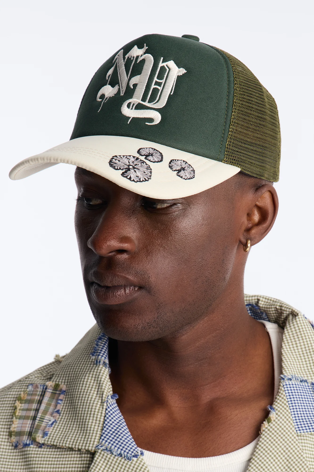 NY Old English Embroidery Trucker Snapback Hat - Green