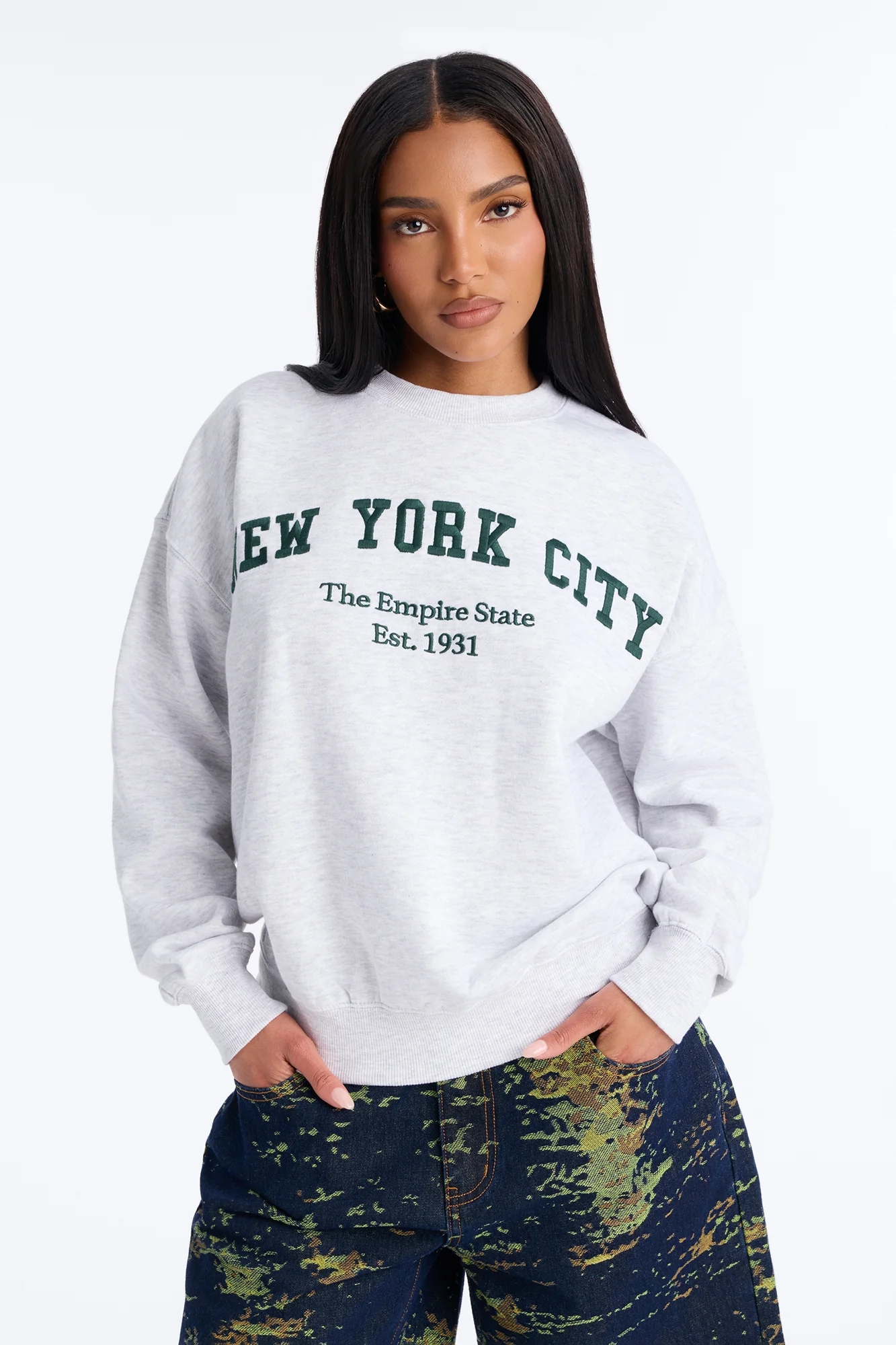 NYC Empire State Fleece Crew Neck Sweatshirt - Grey