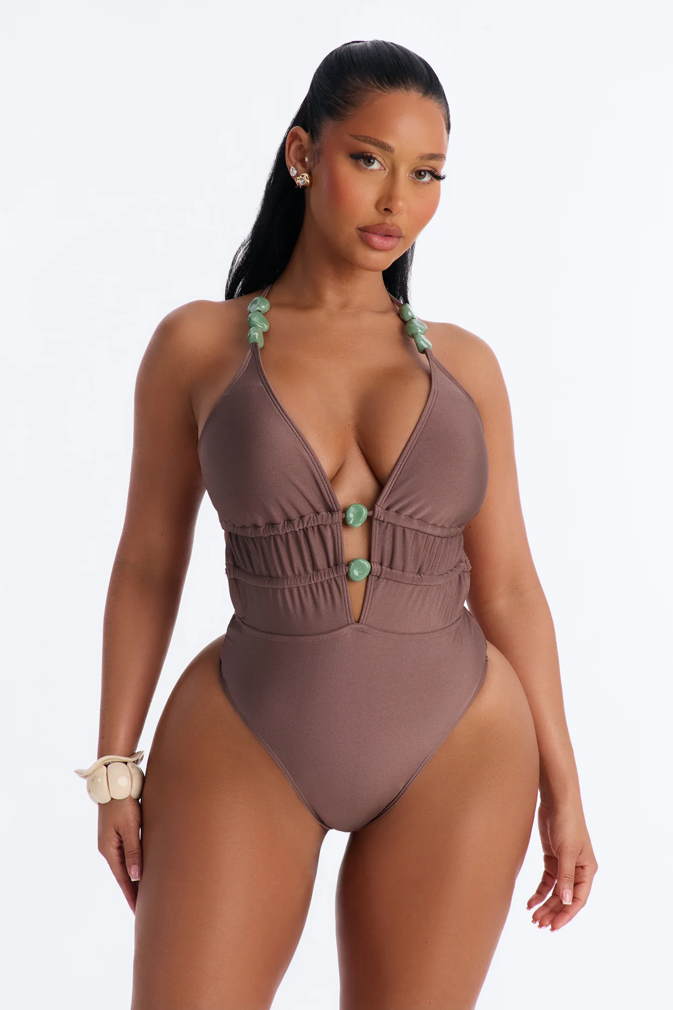 Nyla 1 Piece Beaded Plunge Neck Swimsuit - Brown