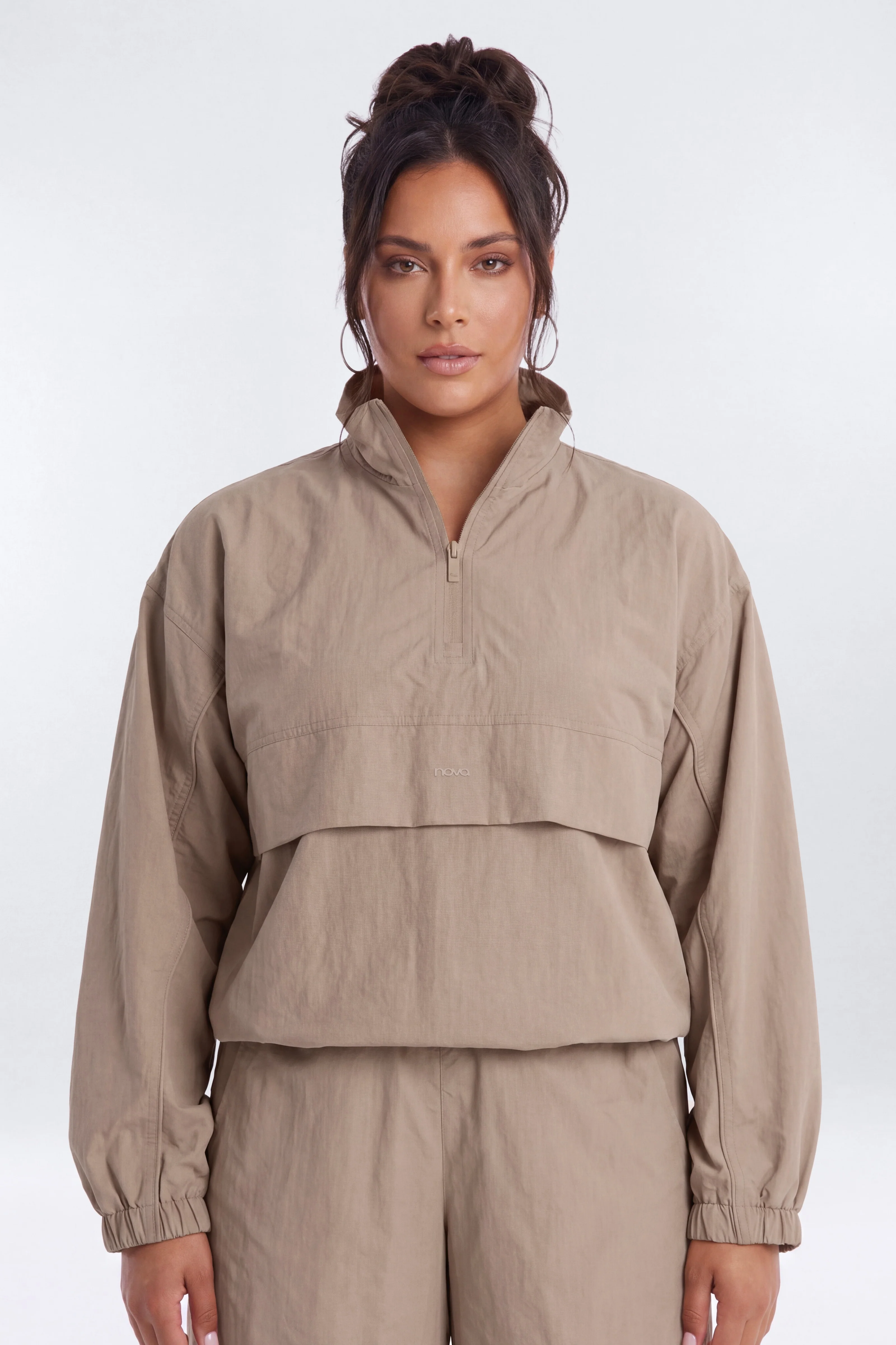 CoreNylon Mock Neck Half Zip Track Jacket - Taupe - Image 4