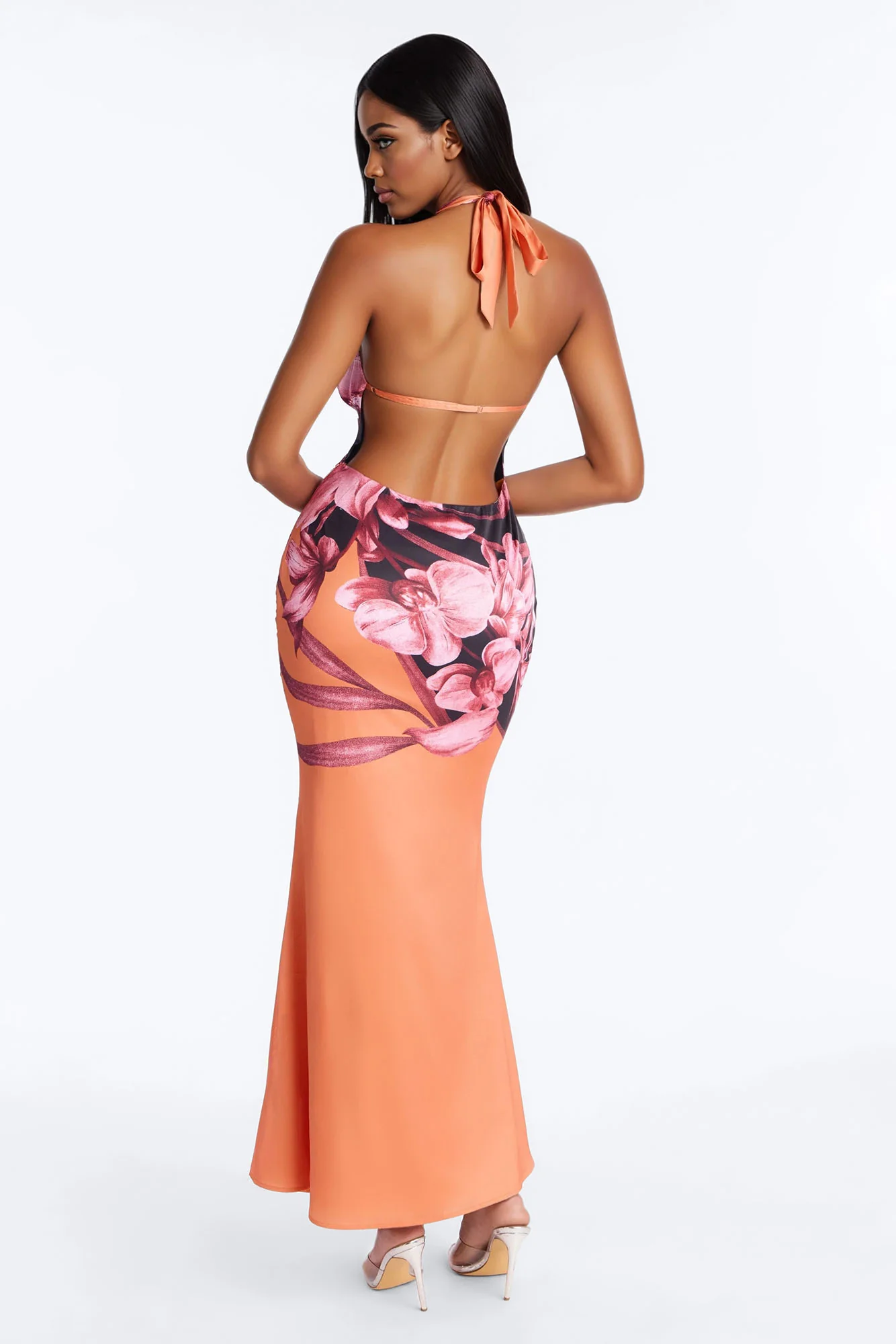 Nyomi Floral Satin Maxi Dress - Orange/combo - Image 4