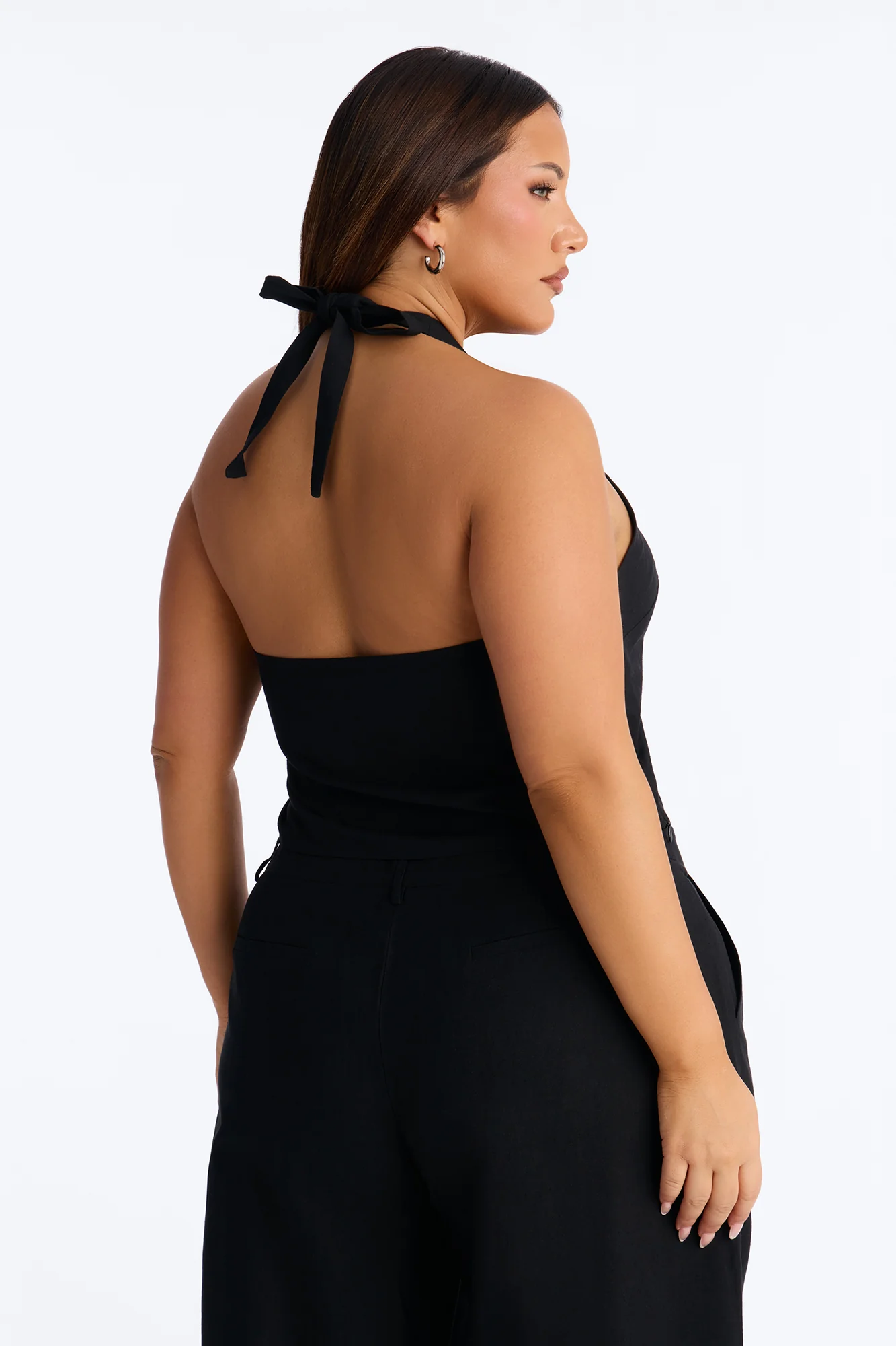 Ocean Breeze Linen Backless Halter Top - Black - Image 6