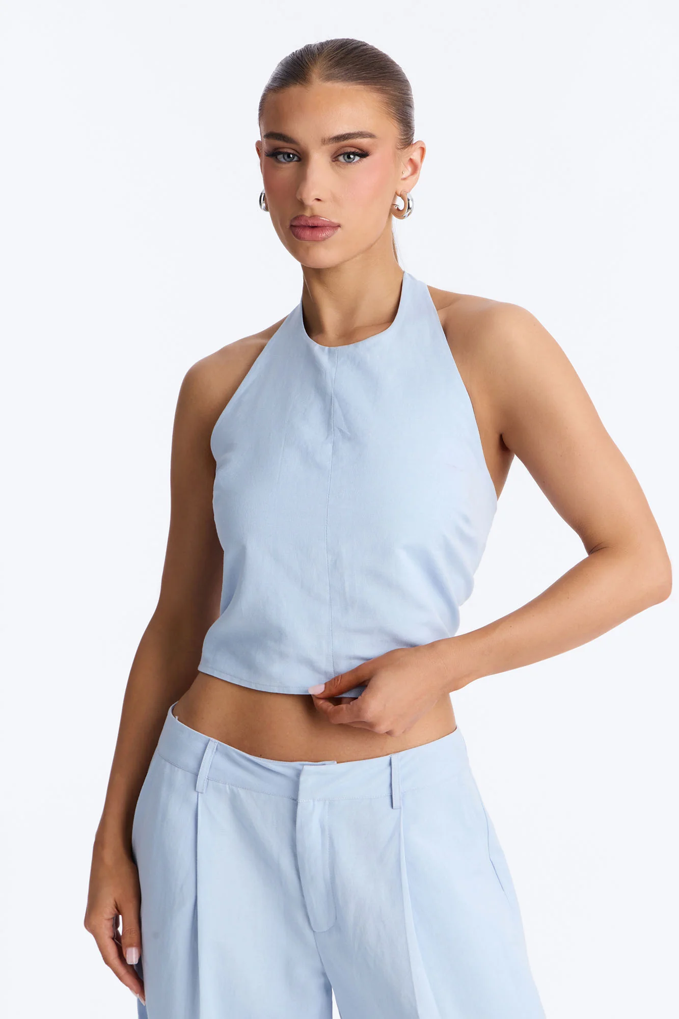 Ocean Breeze Linen Backless Halter Top - Dusty Blue