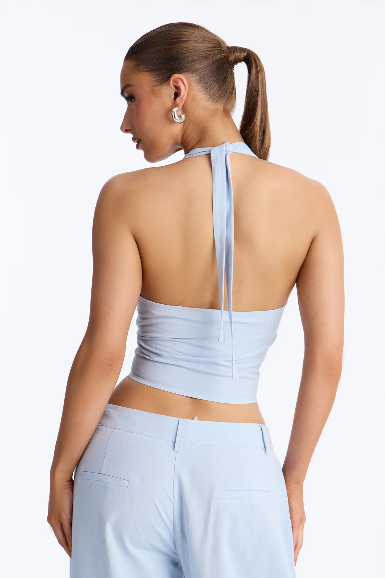 Ocean Breeze Linen Backless Halter Top - Dusty Blue - Image 4