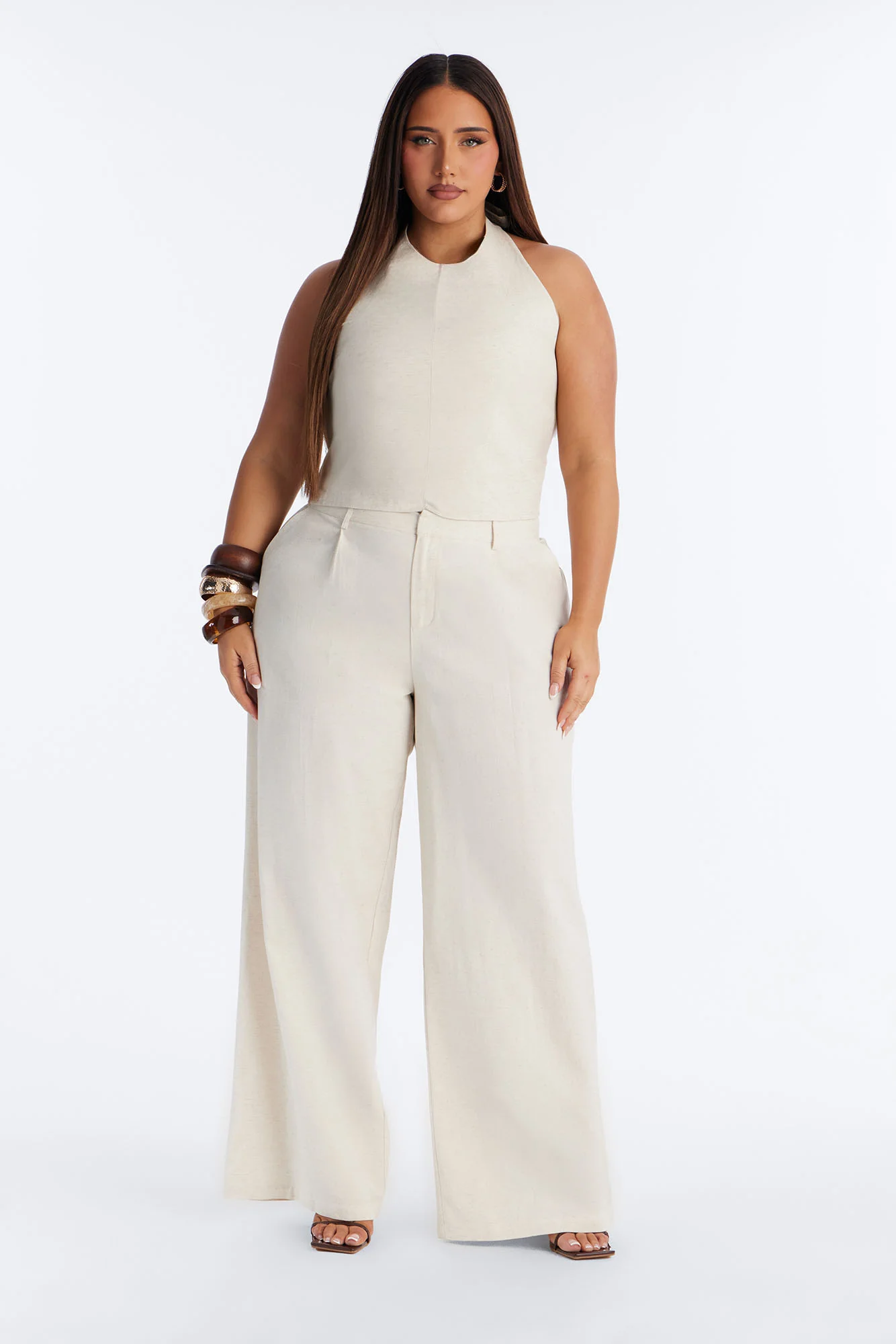 Ocean Breeze Linen Backless Halter Top - Stone - Image 6