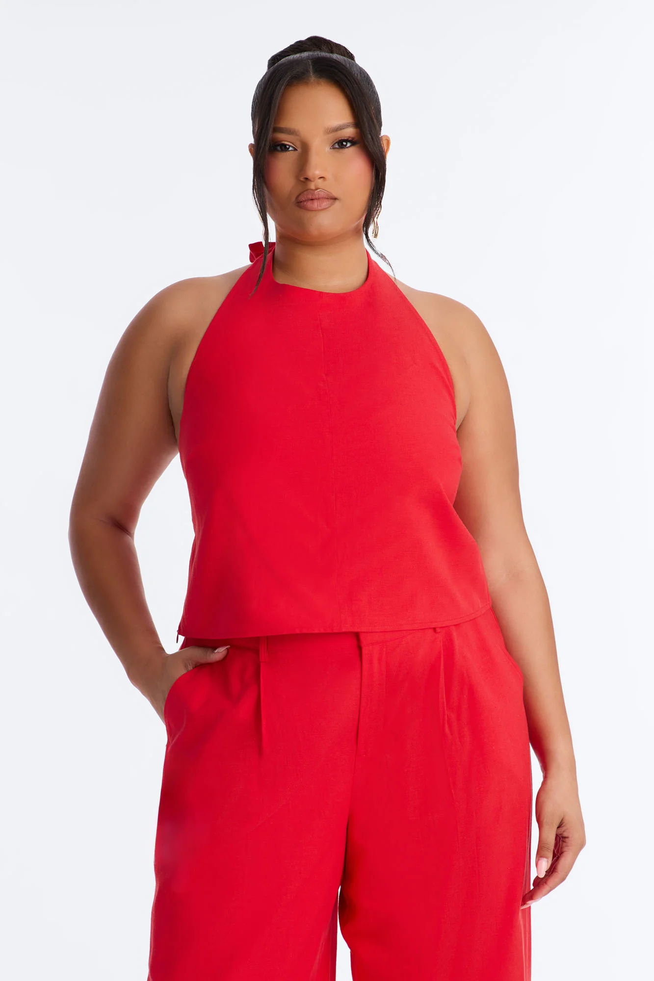 Ocean Breeze Linen Backless Halter Top - Tomato Red - Image 5