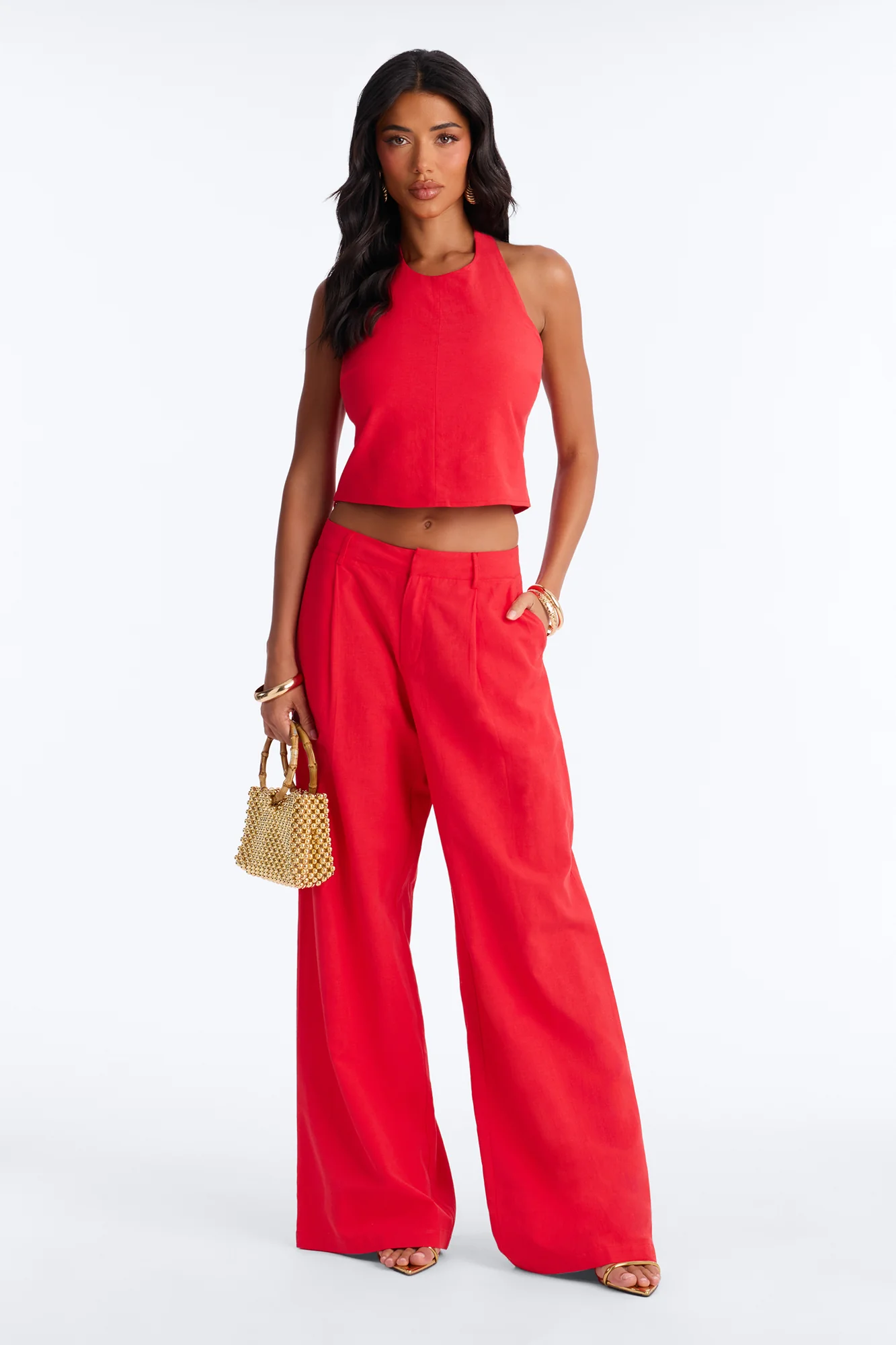 Ocean Breeze Linen Low Rise Pant 33″ - Tomato Red
