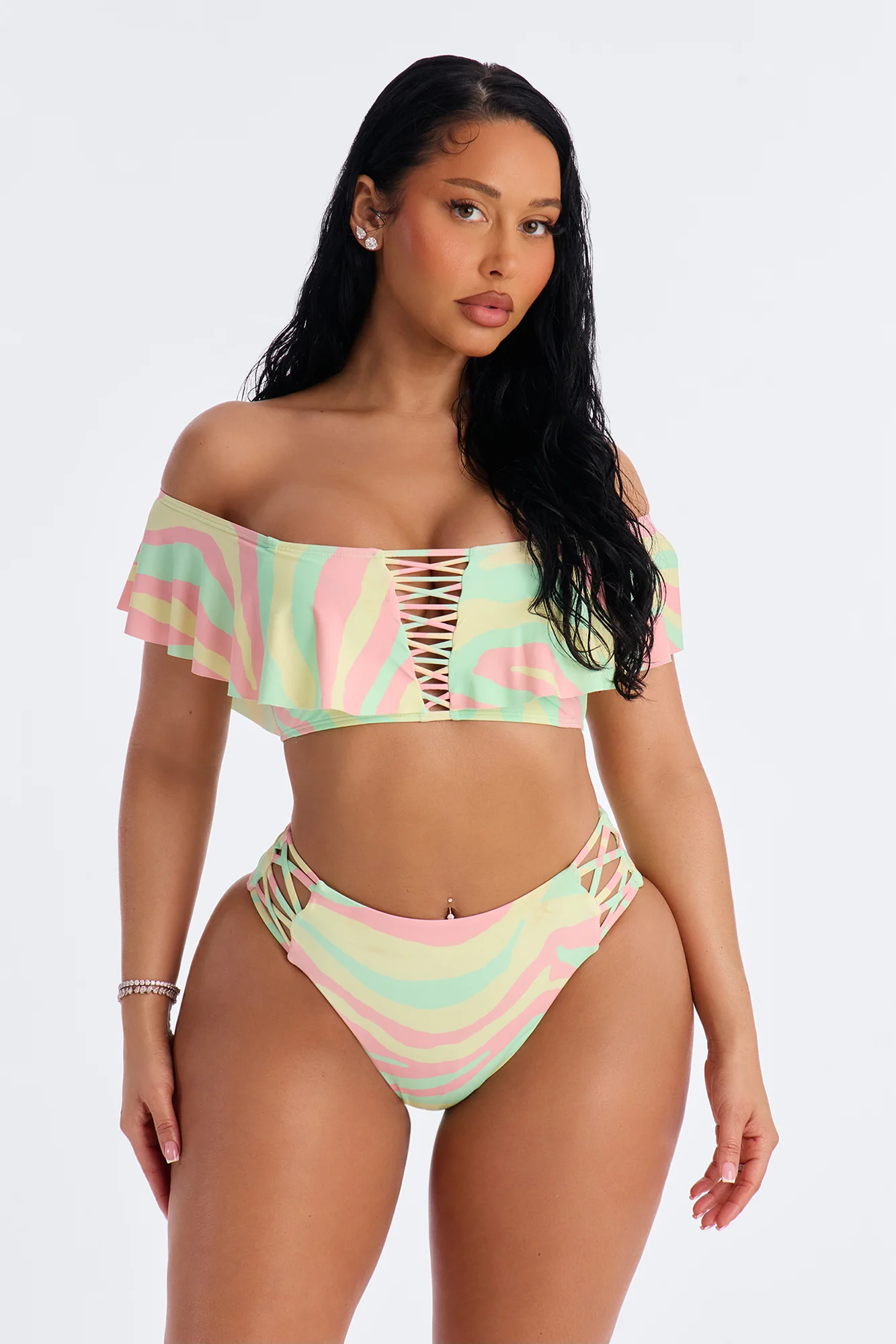 Oceanside Chic 2 Piece Marble Off Shoulder Lace Up Bikini Set - Mint/combo