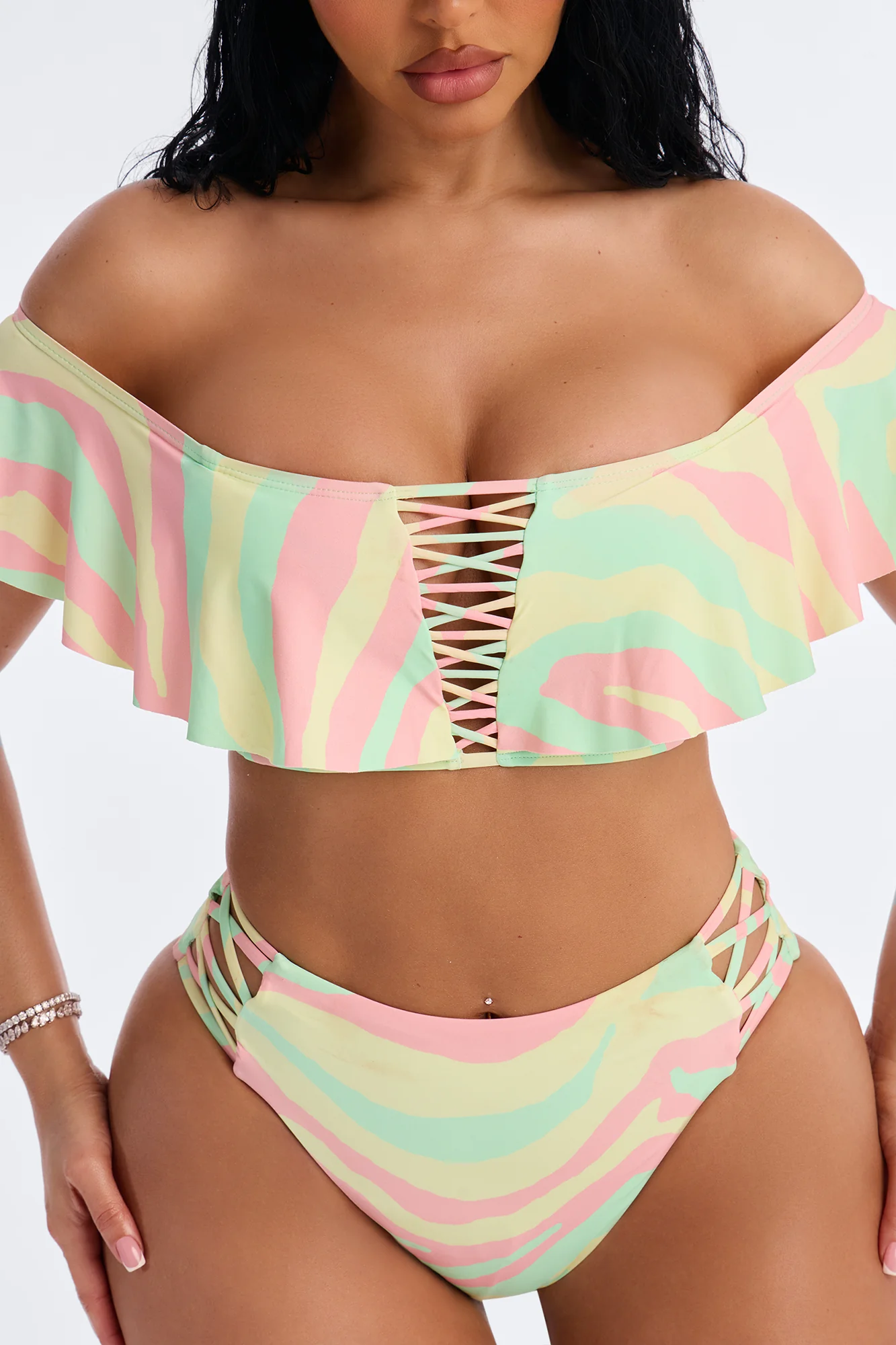 Oceanside Chic 2 Piece Marble Off Shoulder Lace Up Bikini Set - Mint/combo - Image 2