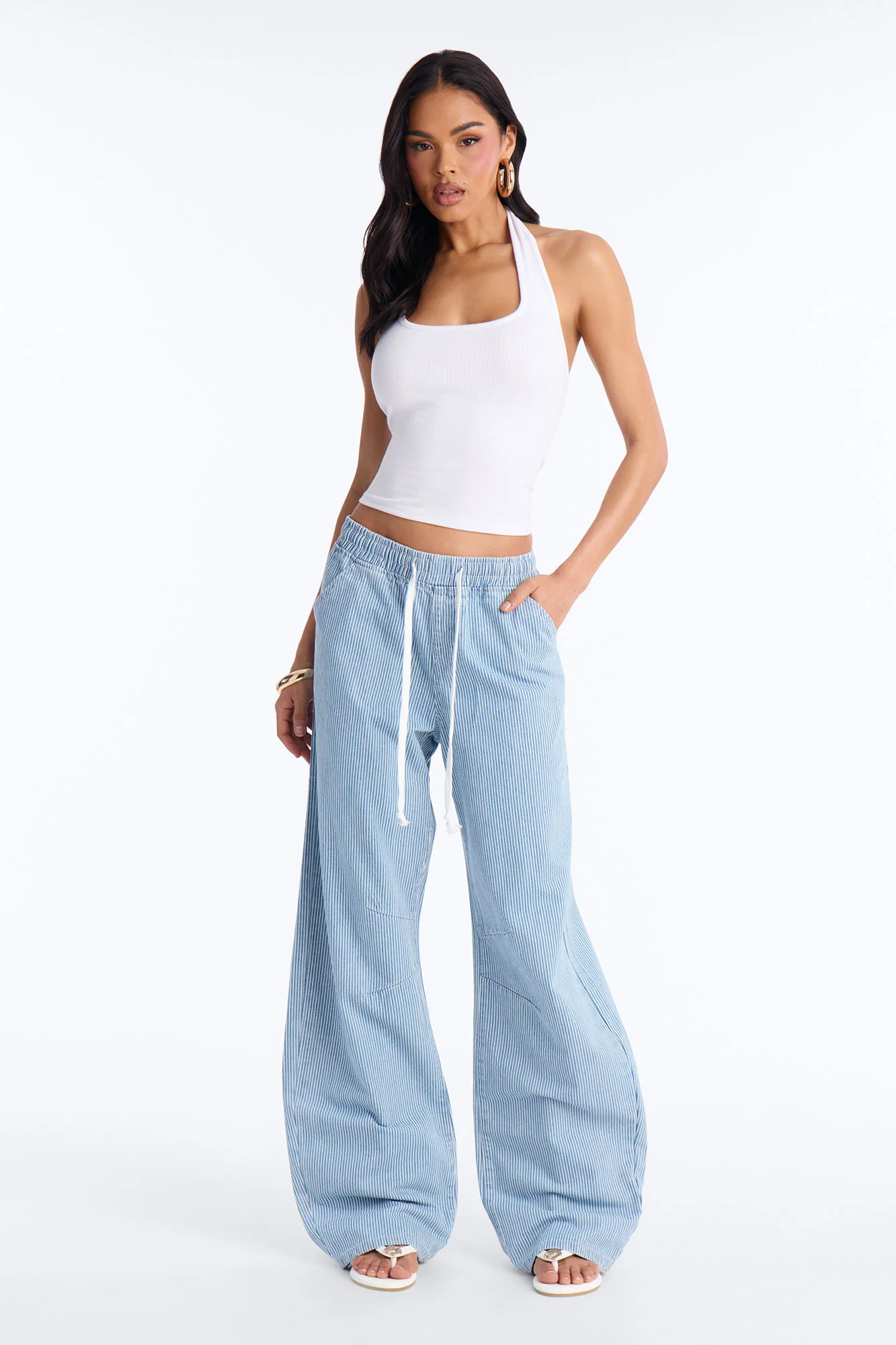 Oceanside Tie Waist Striped Tie Waist Jeans - Light Wash - Image 2