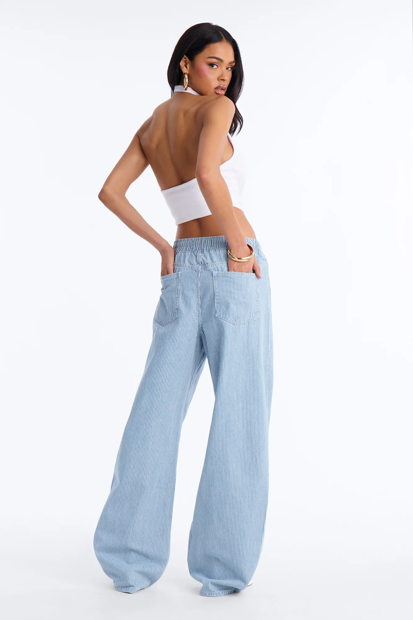 Oceanside Tie Waist Striped Tie Waist Jeans - Light Wash - Image 4