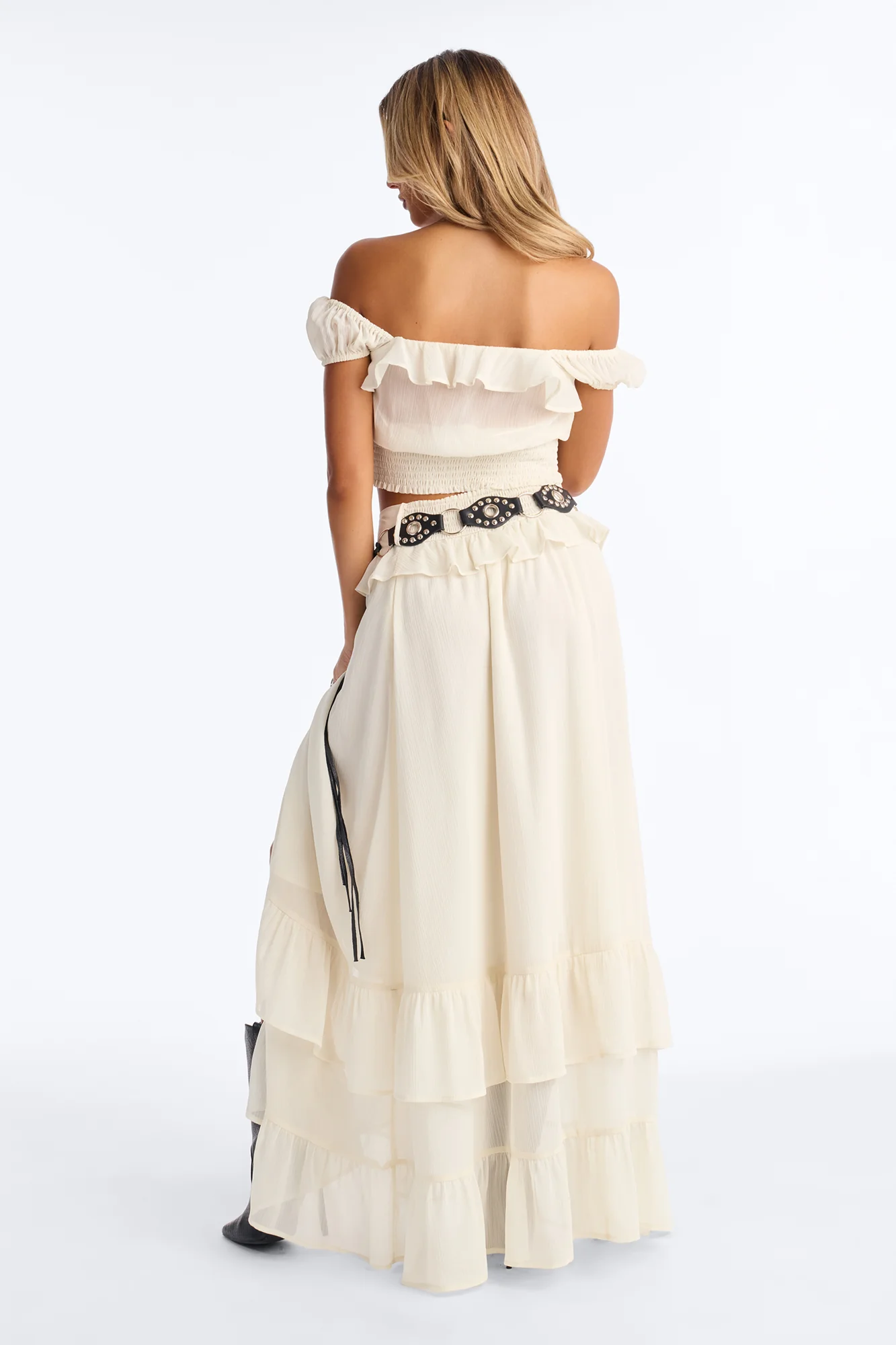 Odessa Ruffle Belted Maxi Skirt Set - Cream - Image 5