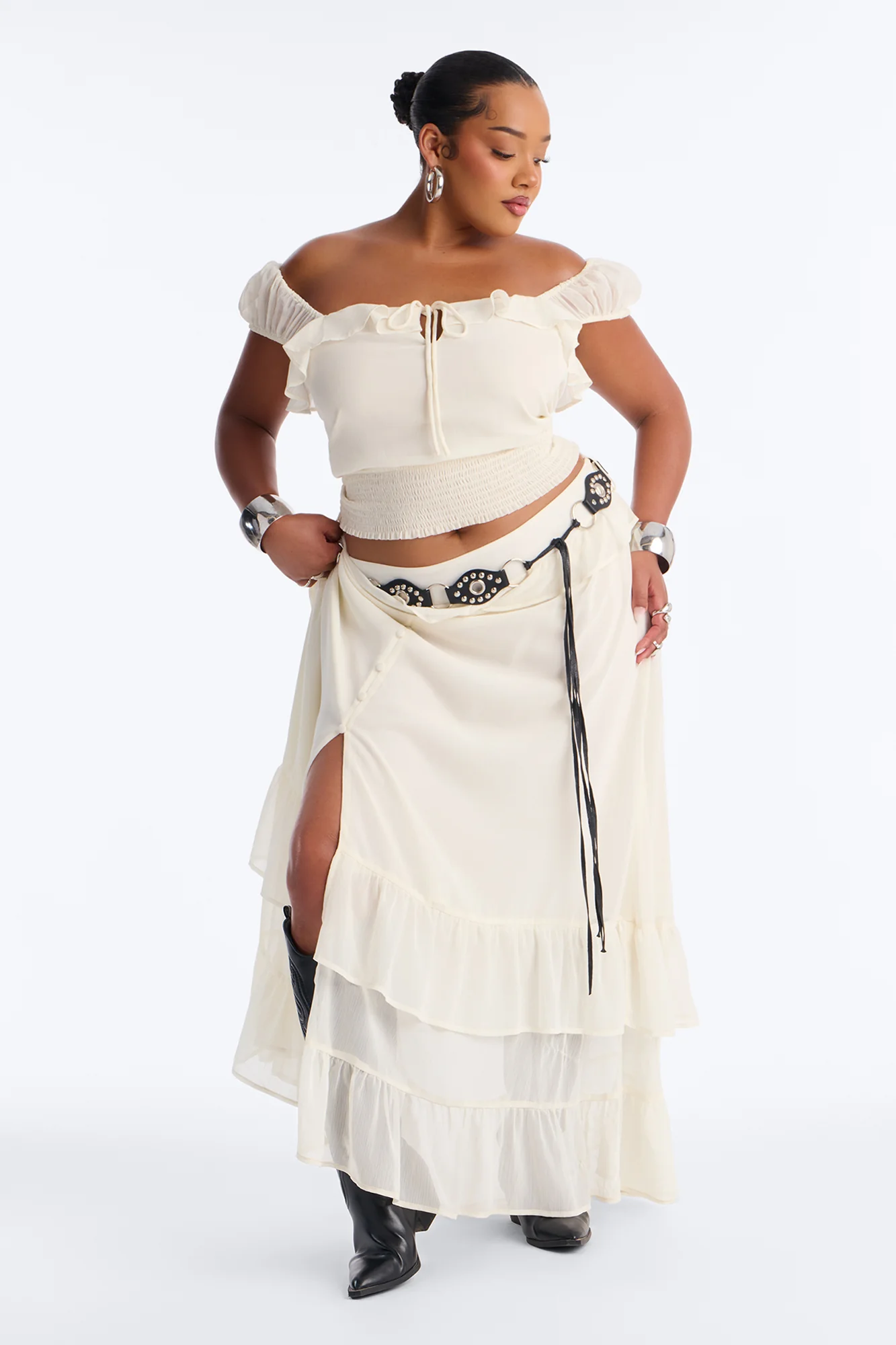 Odessa Ruffle Belted Maxi Skirt Set - Cream - Image 6
