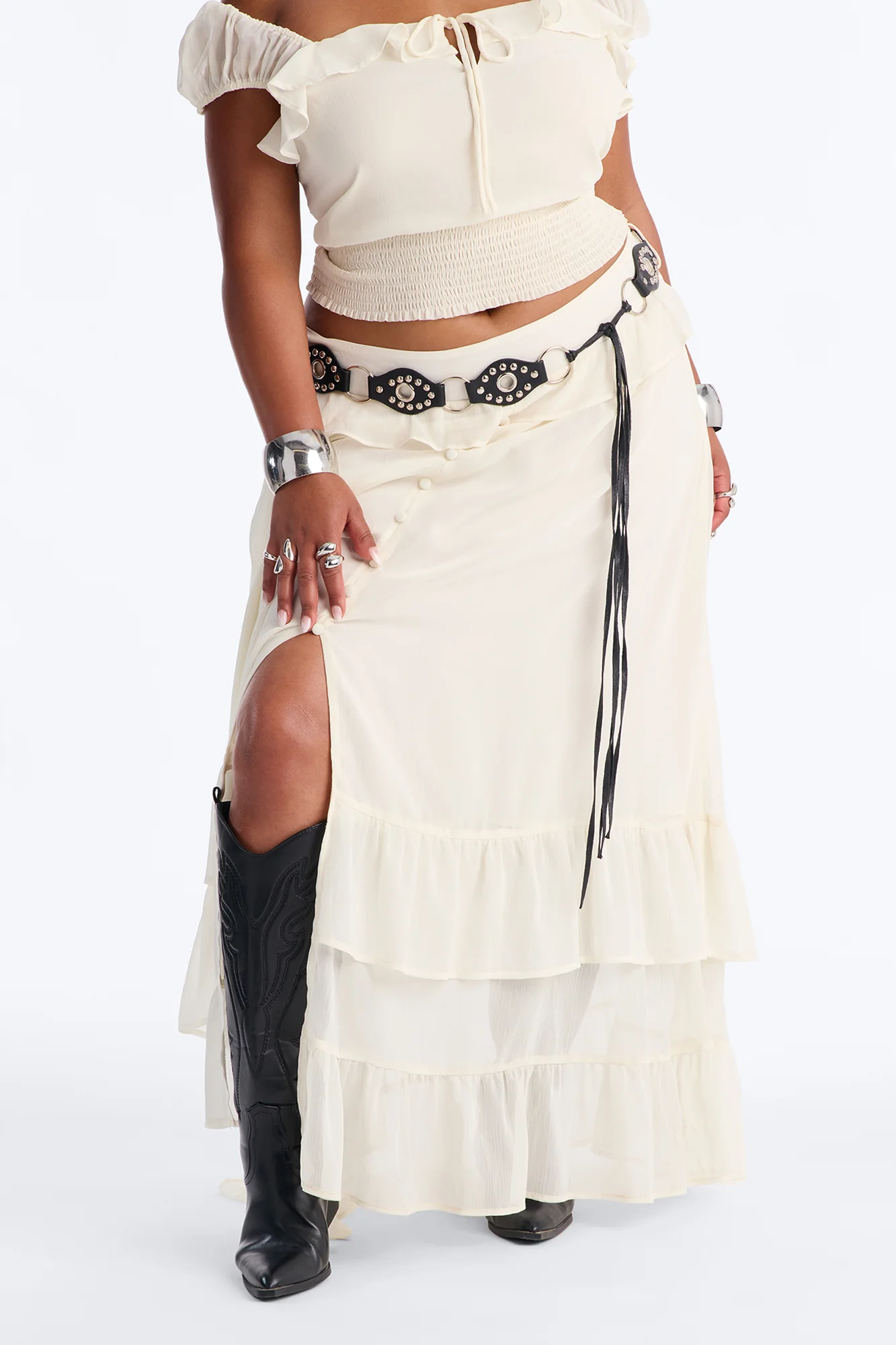 Odessa Ruffle Belted Maxi Skirt Set - Cream - Image 7