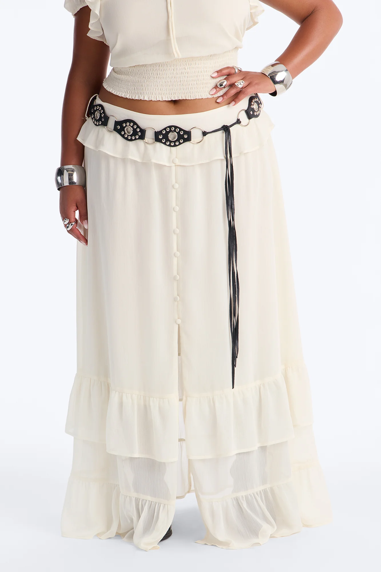 Odessa Ruffle Belted Maxi Skirt Set - Cream - Image 9