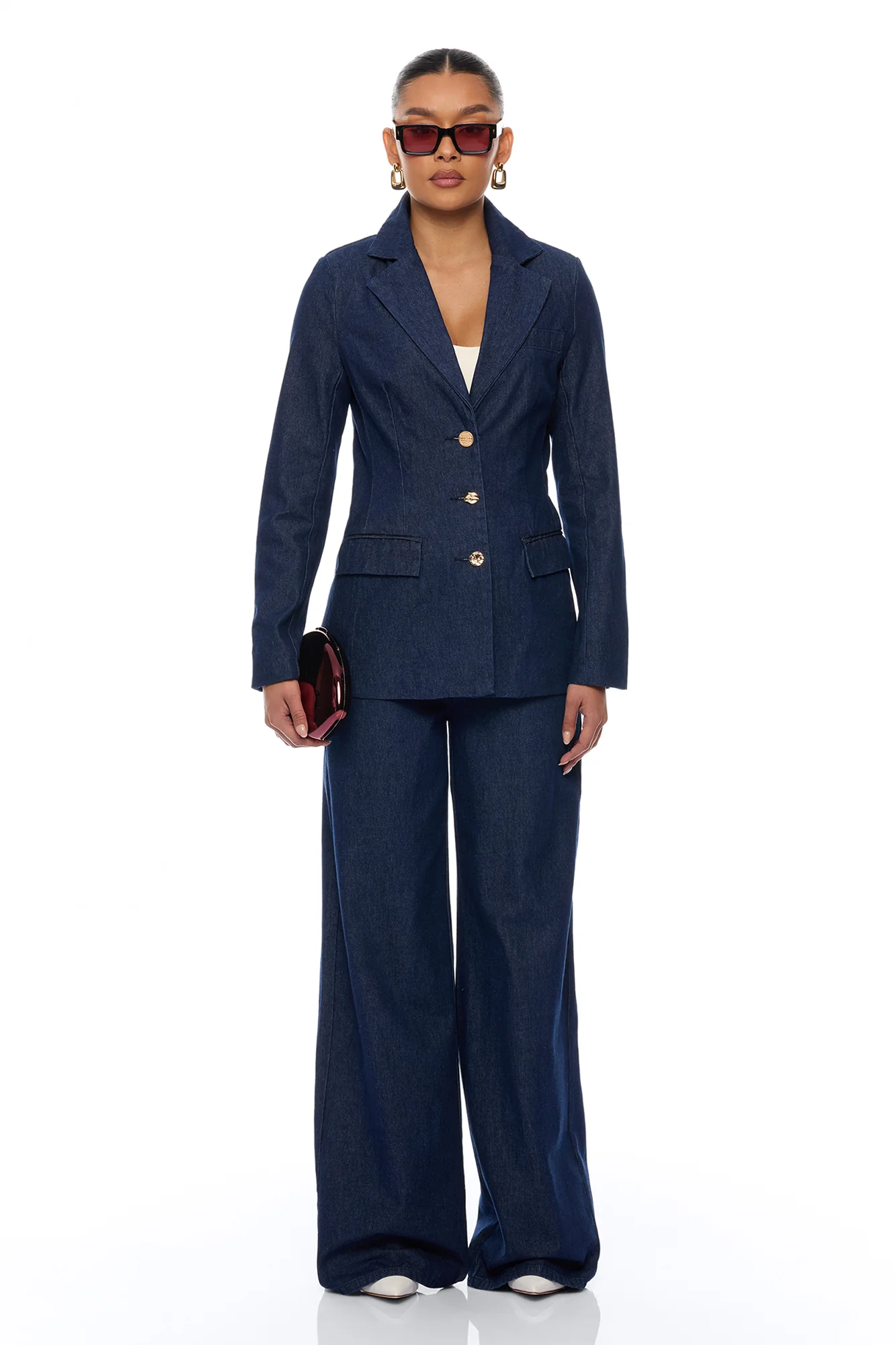 Odette Denim Blazer Wide Leg Pant Set - Dark Wash