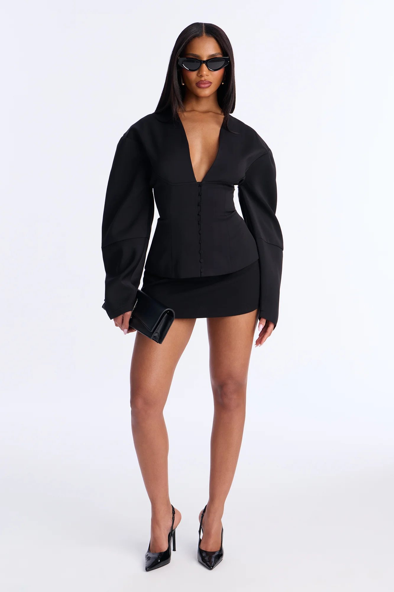 Off Duty Boss Puff Sleeve Button Front Blouse - Black - Image 2