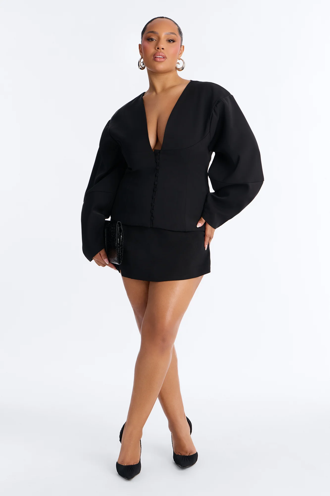Off Duty Boss Puff Sleeve Button Front Blouse - Black - Image 5